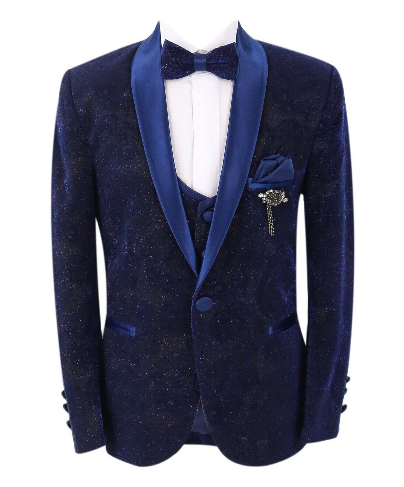SIRRI Abito da Sposa Smoking luccicante da Paggio per Ragazzi in Set da 5 Pezzi Slim Fit Blu Navy per Occasioni Speciali