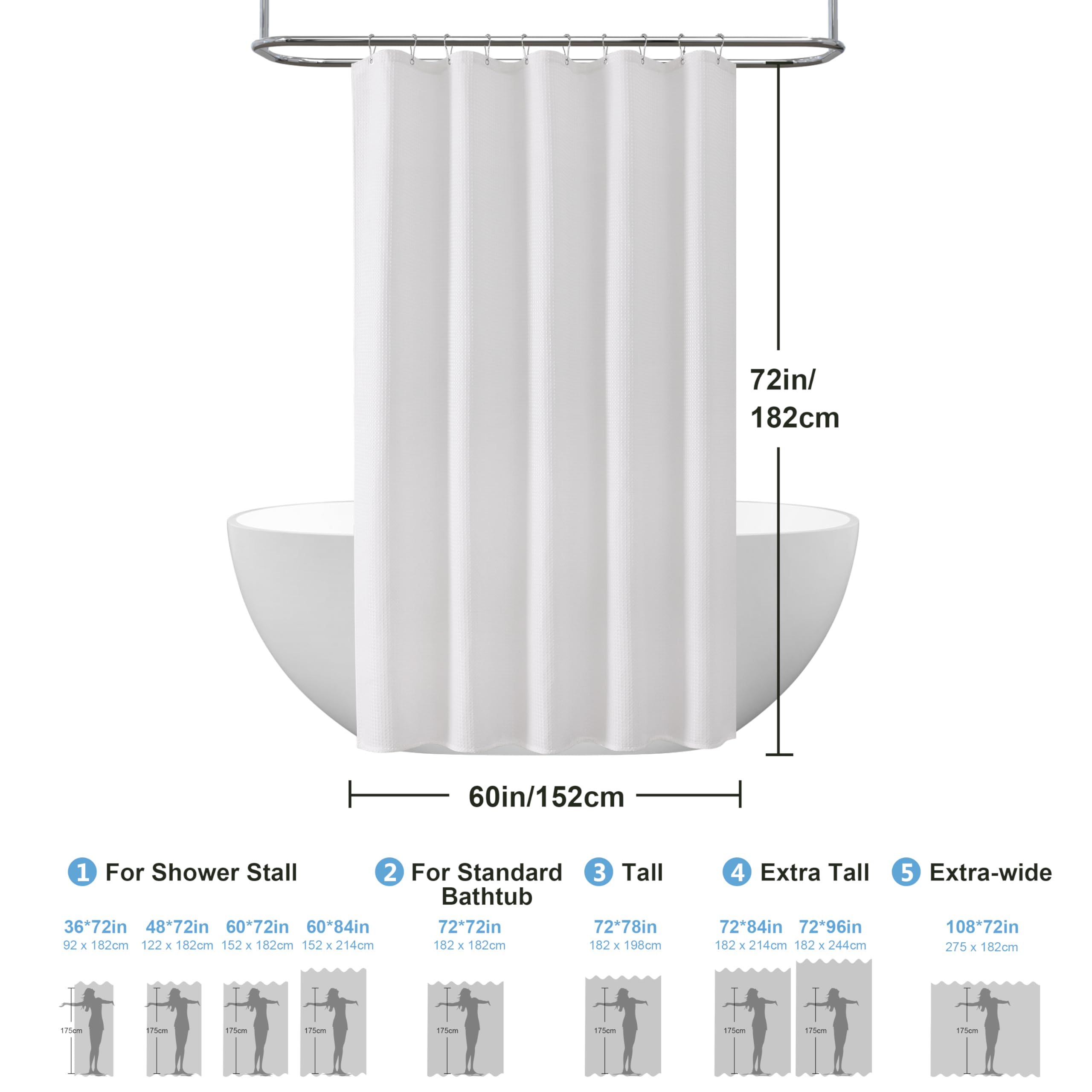 Cortina de Ducha para Baño Impermeable con Ganchos de Metal Cortina de Ducha de Tela Waffle Cortina de Baño Resistente y Antimoho para Bañera o Cabina - 152 x 182 cm (Blanco) — view 6