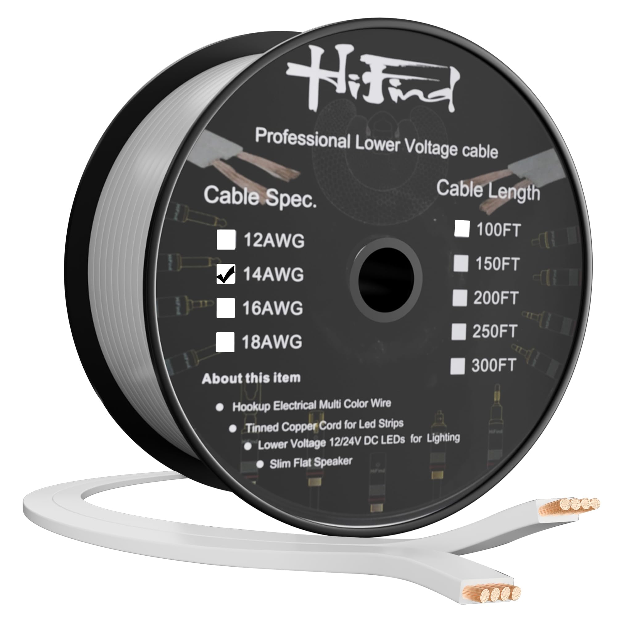 HiFind Cable de altavoz plano de calibre 14 de alta calidad, carrete de 150 pies, cable de audio eléctrico OFC de bajo voltaje 14/2 AWG, PVC fino CL2 en pared nominal al aire libre para cine en casa