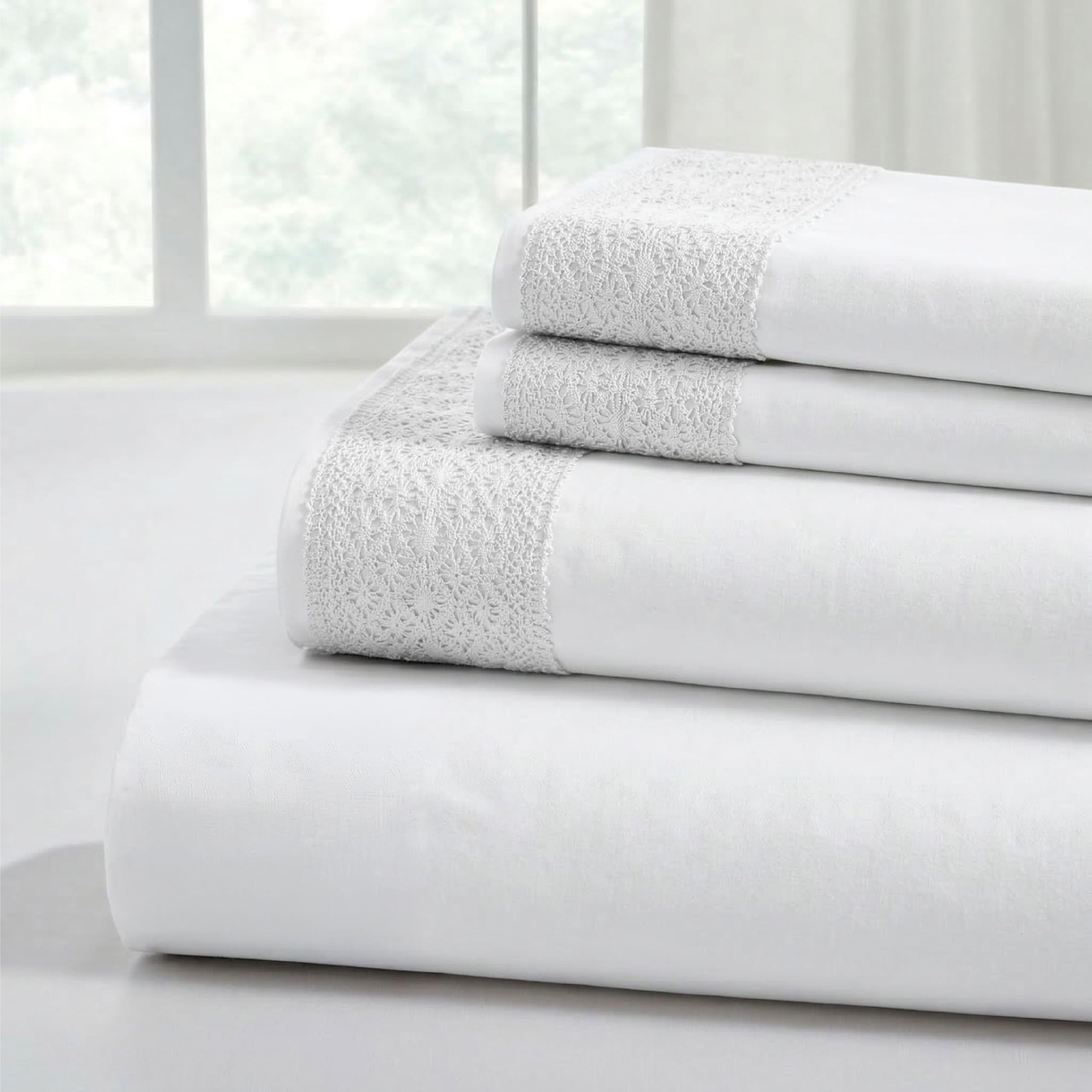 Modern Threads 4 Piece Microfiber Sheet Set – Soft Cooling Bed Sheets with Crochet Lace – Deep Pocket, Wrinkle Free, Breathable, Hotel Luxury Bedding, White, King