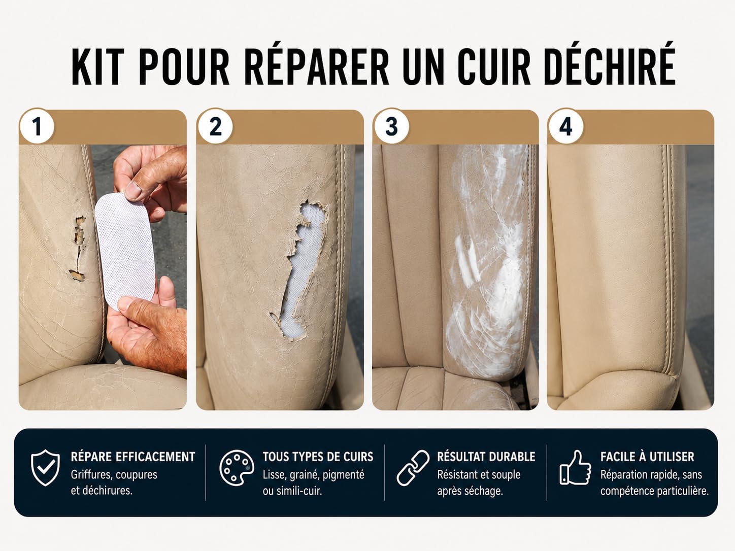 Sofolk - Kit Réparation Tous Types de Cuir - Pâte Réparatrice RépaCuir 25 GR + 1 Pièce d'intissé 10 x 20 cm + 1 Feuille de Papier Abrasif - pour Cuir Usé, Griffures, Coupures, Craquelures