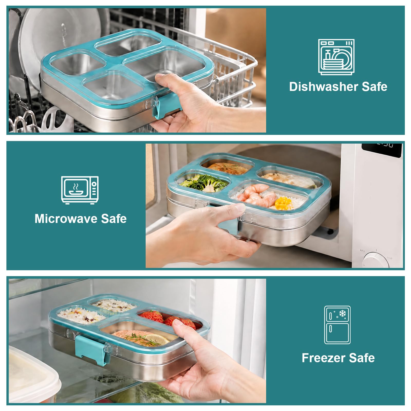 Cozary Boîte à Déjeuner en Acier Inoxydable, 800ml, avec 4 Compartiments, sans BPA, Portable, Passe au Lave-Vaisselle, pour l'École, Le Bureau, les Déplacements, Bleu