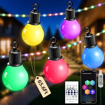 مصابيح خارجية ذكية،مصباح فناء LED متغير اللون RGBIC بطول 65.6 قدمًا مقاوم للماء IP67 مع 26 مصباح G40، وجهاز تحكم بالتطبيق،وجهاز تحكم عن بعد، ومزامنة الموسيقى، مصابيح خارجية معلقة بمقبس USB لحفلات التخييم في ساحة الحديقة