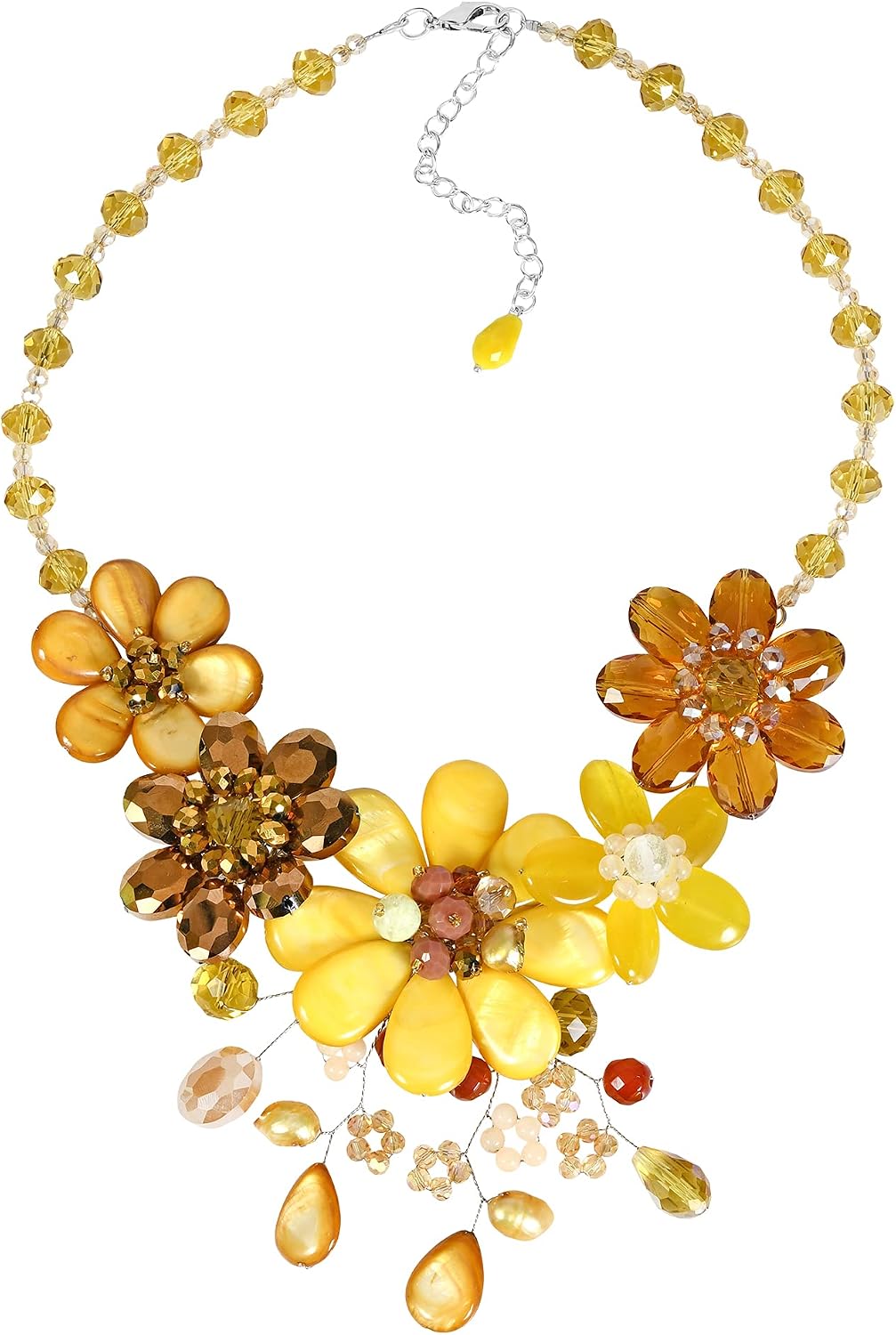 AeraVida Vibrant Sunshine Yellow Agate, Sandstone, and Seashell Floral Bib Necklace | Handmade Flower Collar Necklace | Boho Jewelry | Gift for HER