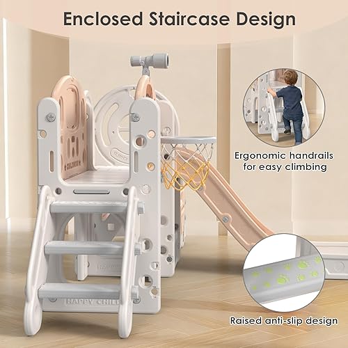 Miniatura 4 de BIERUM Juego de toboganes 10 en 1 para niños pequeños de 1 a 3 años con lanzamiento de anillo, aro de baloncesto y casa de juegos de autobús, juego