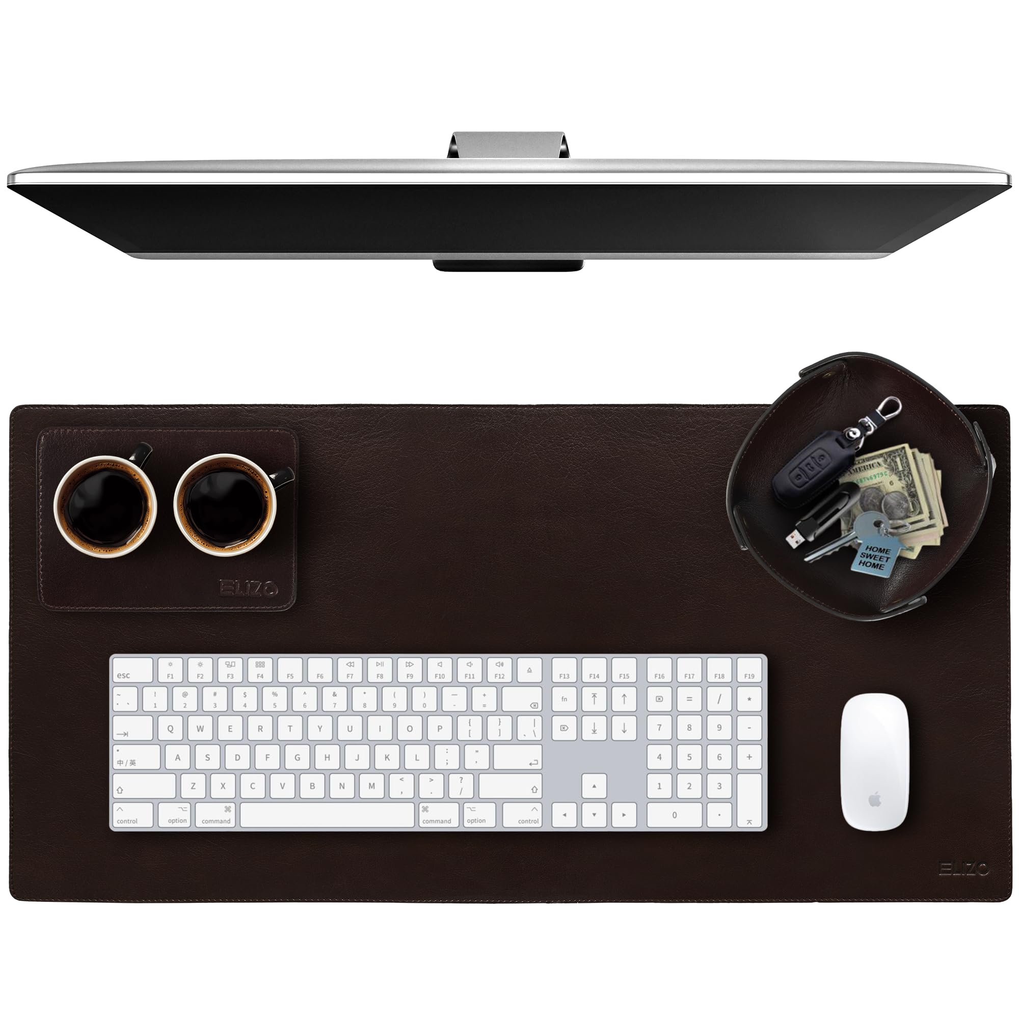 Elizo Leather Desk Mat Desk Pad Blotter Set - Real Full-Grain Leather (32x16) 2-Layer Genuine Desk Cover Protector & Large Mouse Pad | Computer Keyboard Desk Accessories for Office & Home