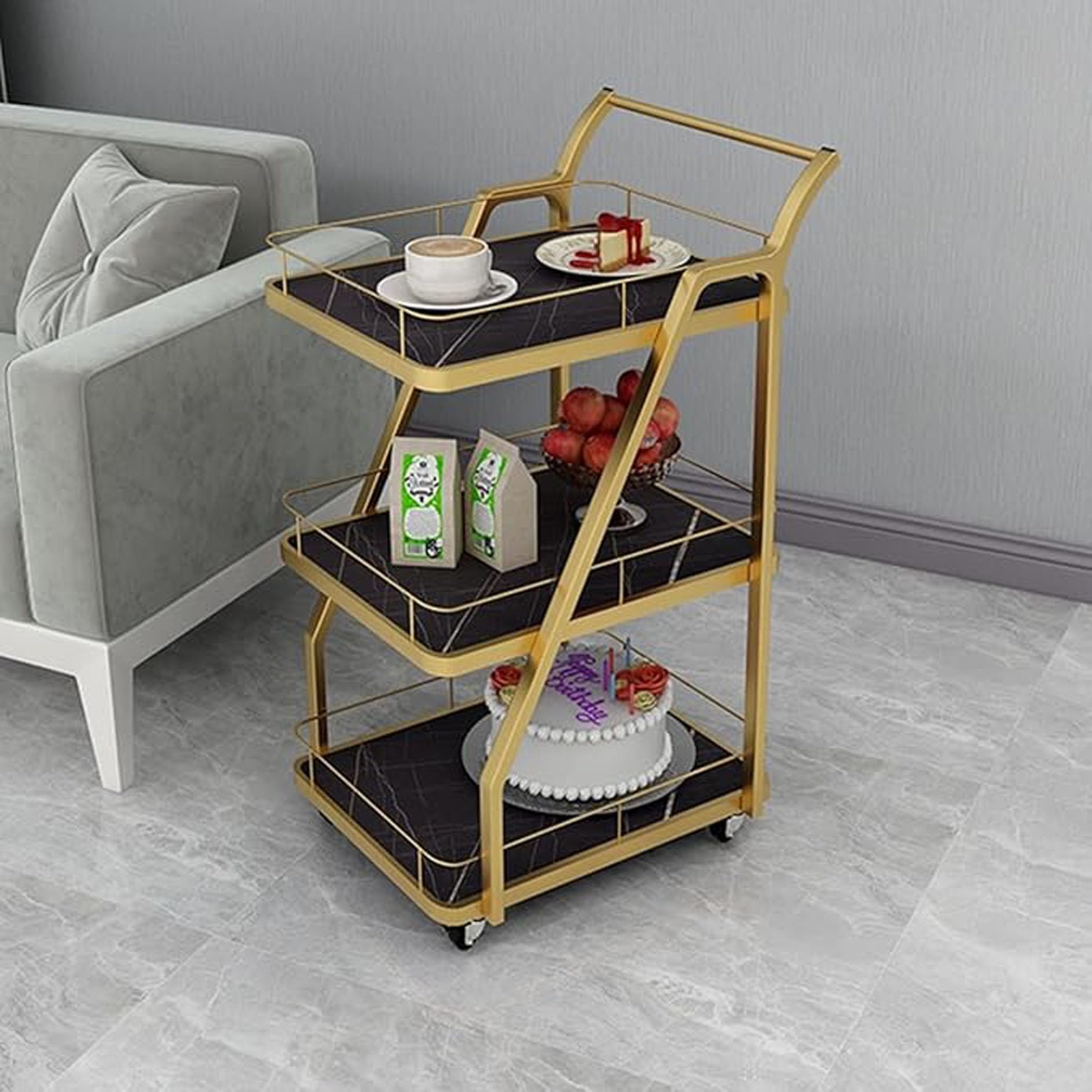 Crown Art SHOPPEEThree-Tier a transportable Kitchen Storage cart and a Serving Trolley for Gatherings, add Tea, Coffee, Whiskey Sampling, and Even a Few Magazines and Novels (Black)