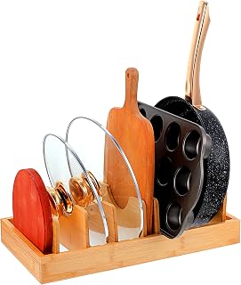 Wooden Pot and Pan Organizer, Pot Lid Holder with 7 Adjustable Dividers Pan Organizers Inside Cabinet Pans Organizer Under Cabinet for Pots, Pans, Baking Sheets, Cutting Boards, Dinner Plates