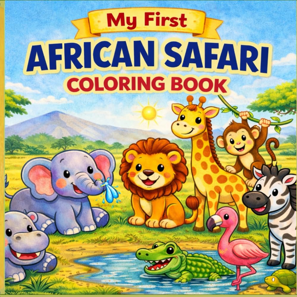 my first african safari coloring book: Cute and Easy Coloring Pages with Friendly African Safari Animals for Kids Ages 3–7
