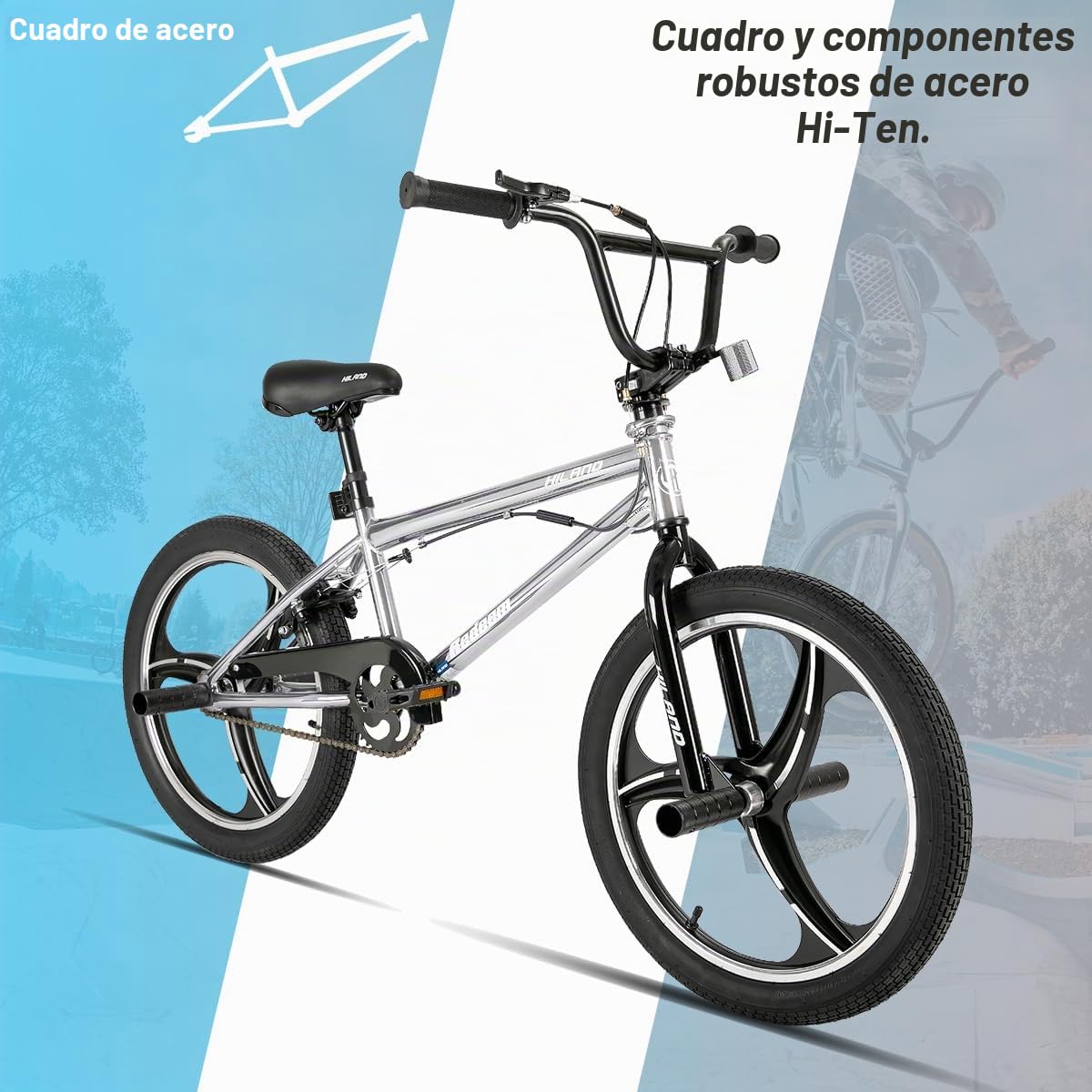 HILAND Bicicleta BMX Infantil de 20 Pulgadas, 3/5 radios,con Giro de 360 ​​Grados y 4 pegs，para niños y niñas a Partir de 7 años,para Principiantes y avanzados - Colorido/Plateado/Rojo/Azul