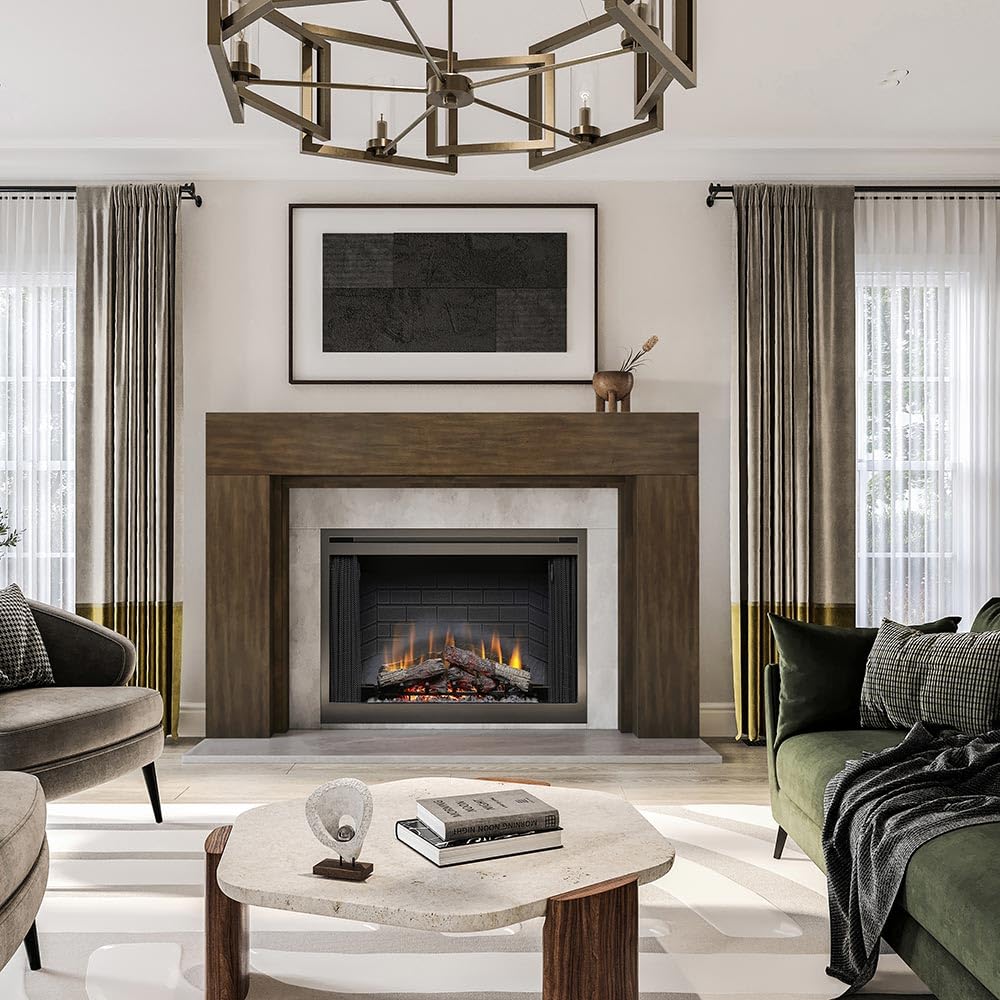 Modern Ember Sabine Wood Fireplace Mantel Surround Kit, Mocha 48" x 42" Opening | 72" x 54" Overall | Minimal Modern Aesthetic; Includes Wooden Mantel Surround & Shelf