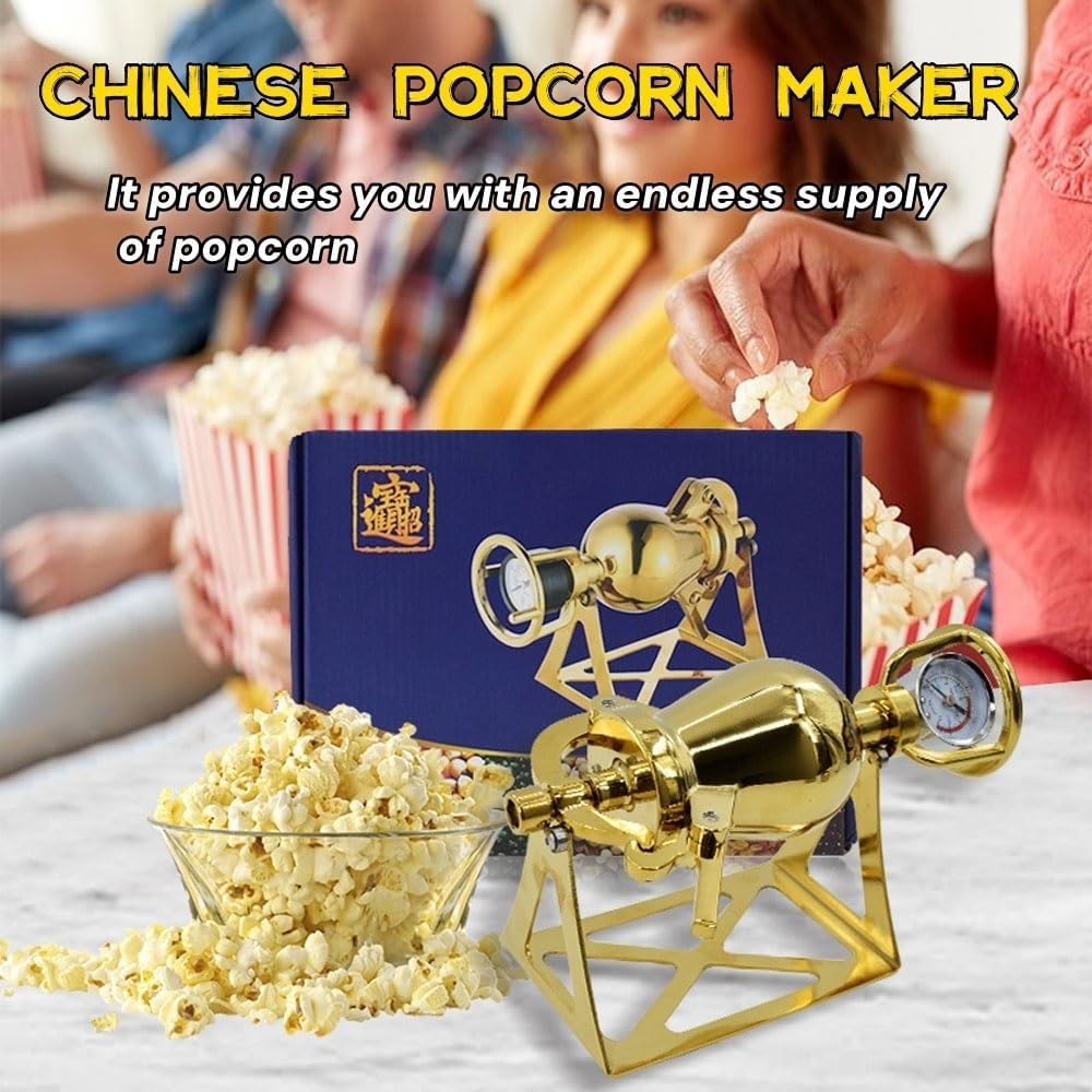 Golden Chinese Popcorn Cannon Machine, Hot Air Popcorn Machine, High Pressure Popcorn Maker, Stainless Steel Popcorn Popper, for Home Parties Camping (230ml)