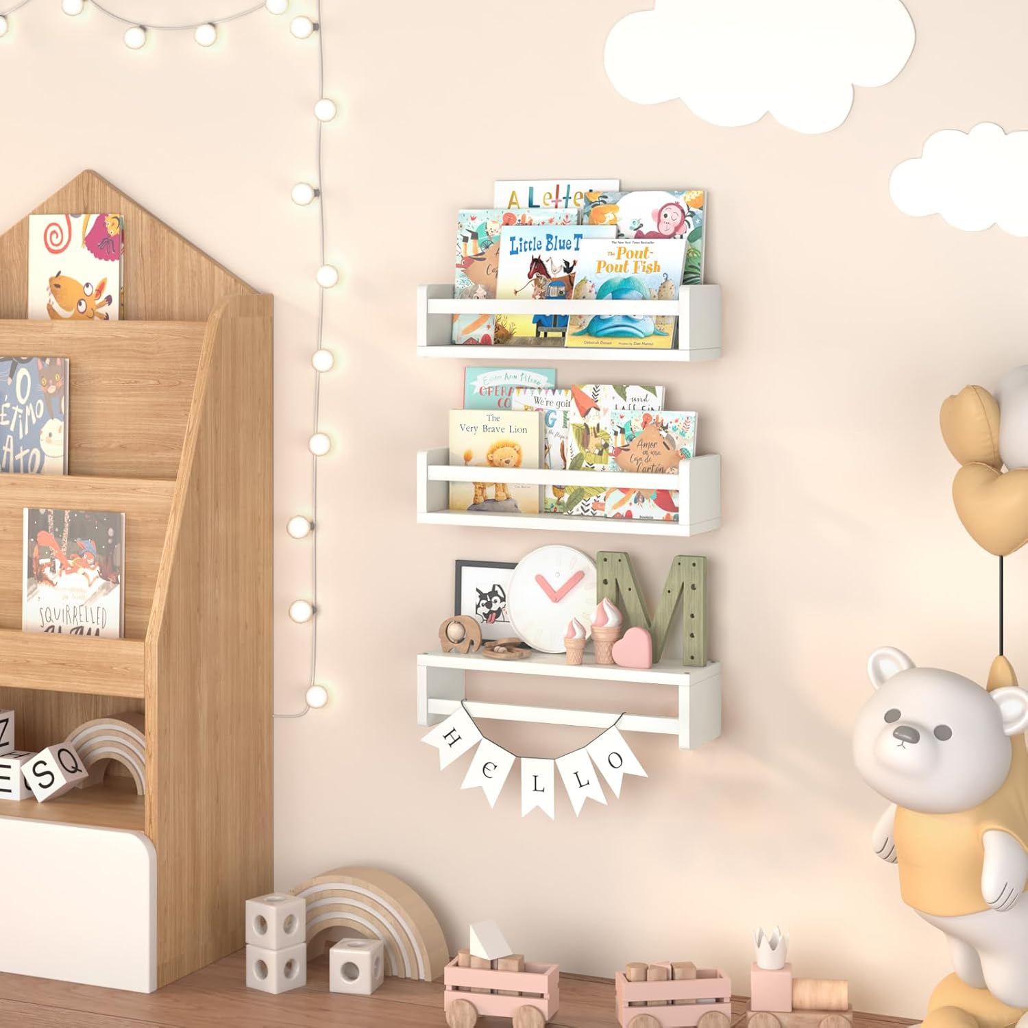 Floating Nursery Book Shelves for Wall, 15.7 Inch Nature Solid Wood Wall Mounted Bookshelf Set of 3, Hanging Bookshelves for Kids Room, Bedroom Nursery Decor and Book Storage (White)