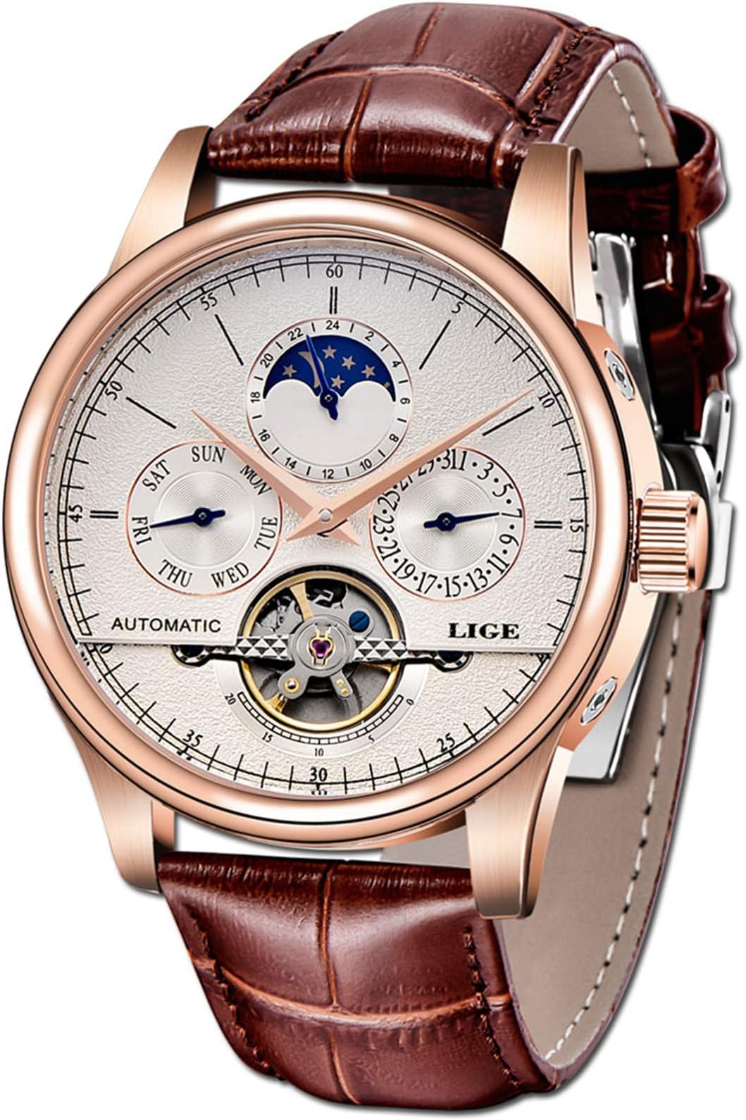 Waterproof Mens Watches Business Calendar Mechanical EEN Watch Automatic Gold White Leather Strap Wristwatch, Gold white, Mechanical