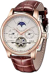 Relógio masculino LIGE à prova d'água, mecânico, automático, dourado, pulseira de couro branco