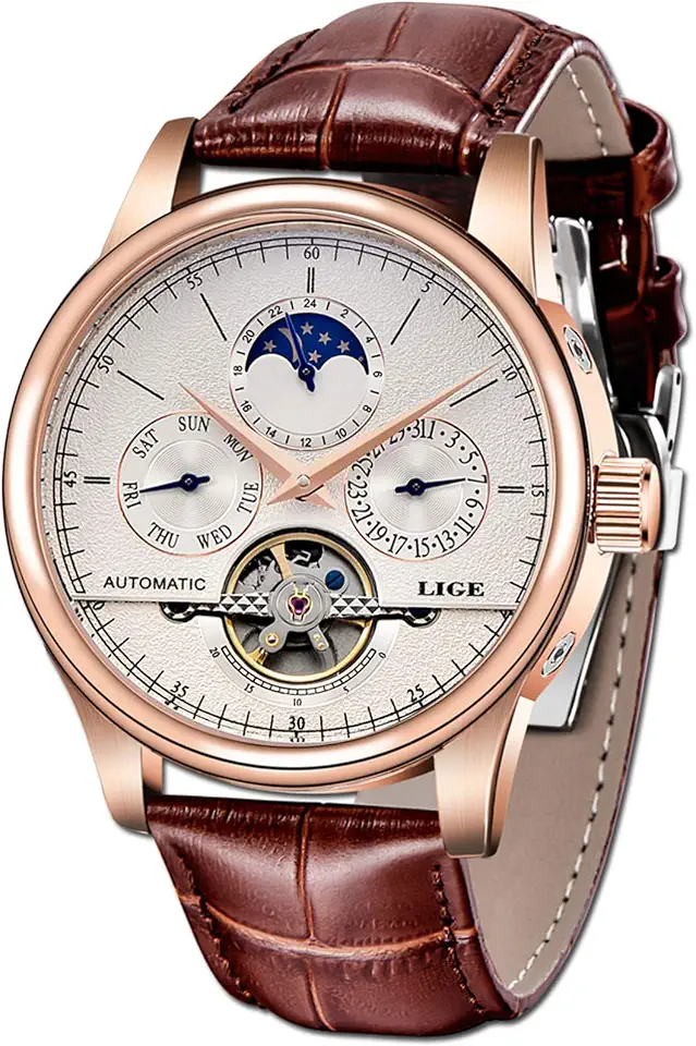 Relógio masculino LIGE à prova d'água, mecânico, automático, dourado, pulseira de couro branco