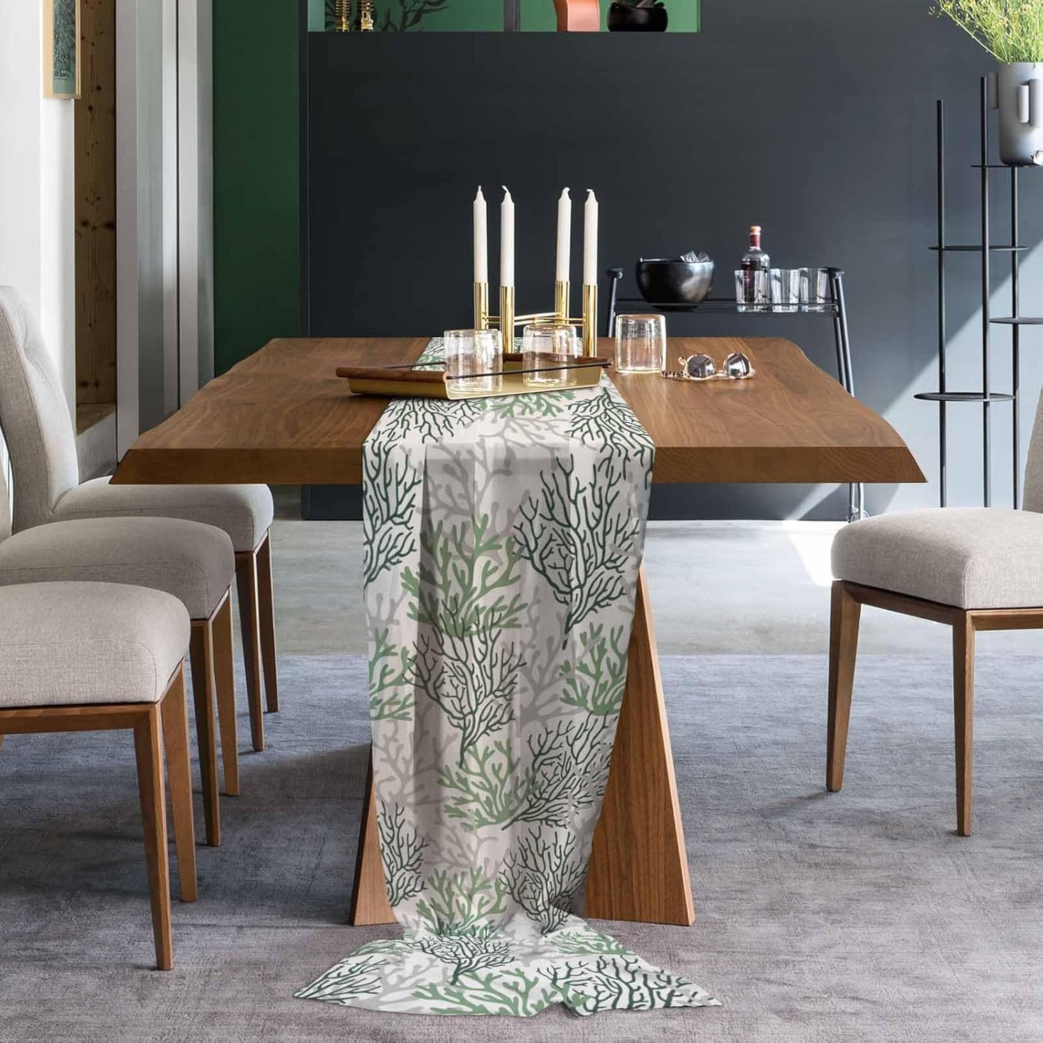 Sage Green Gray Coral Coastal Chiffon Table Runner, 10Ft Sheer Wedding Table Runner, Summer Beach Seaside Nautical Farmhouse Dress Scarves Gauze Table Runner Kitchen Island/Party Décor 27"x120"