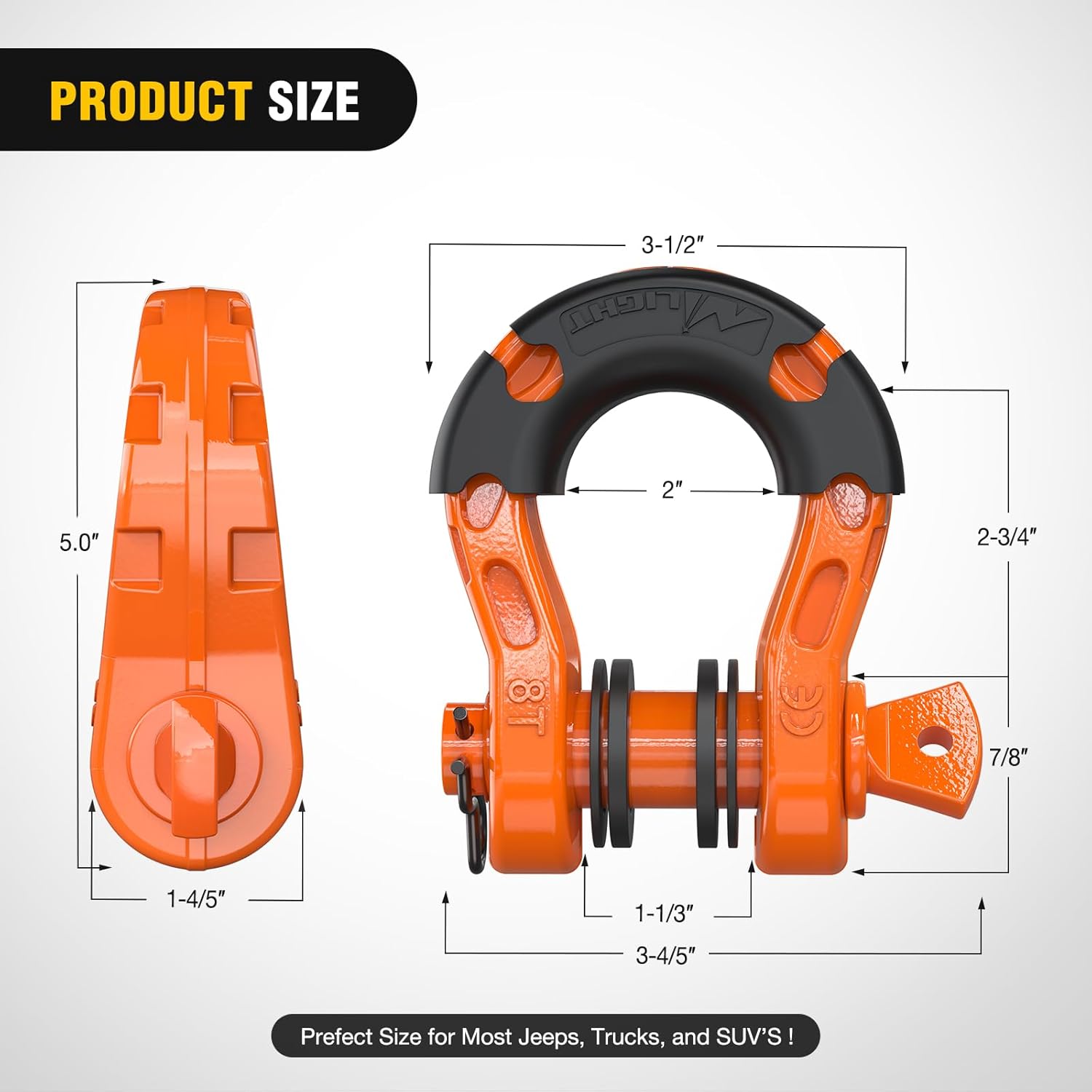 Nilight Heavy Duty Mega D-Ring Shackles(2 Pack) 68,000 lb Break Strength(17,000 lb WLL) w/ 7/8″ Screw Pin & Washers, Forged Steel Off-Road Recovery Shackles for Tow Strap & Winch Gear, Orange - Image 3