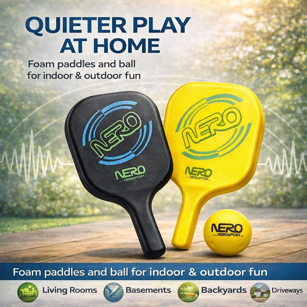 Nero Sport Silent Ninja Pickleball Set, Quiet Foam Paddles and Ball for Indoor & Outdoor Play, Low-Noise Family Pickleball Set for Kids and Beginners, 2 Paddles + 1 Ball