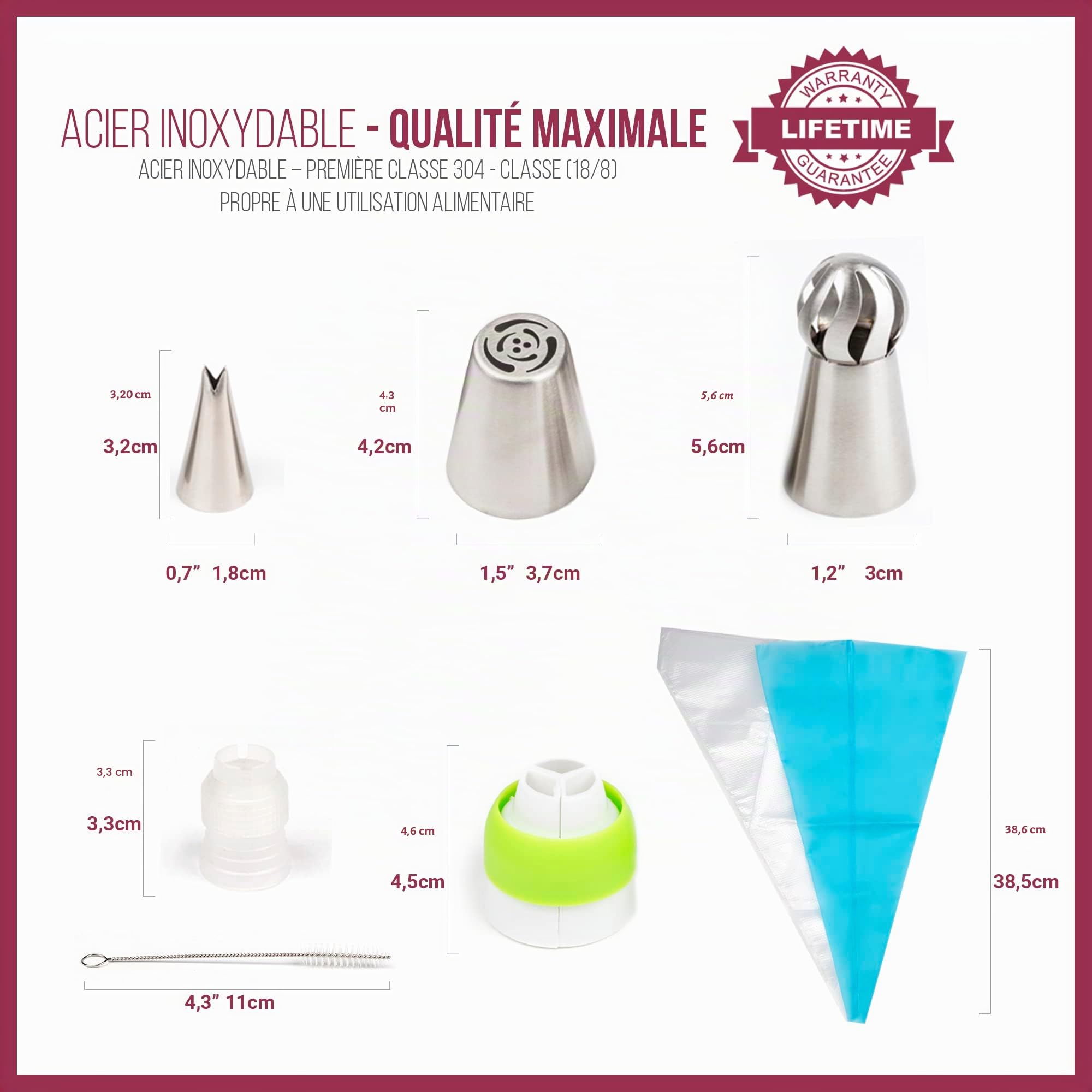 Set de Douilles Russes – 61 pièces pour la décoration florale des gâteaux et cupcakes: 34 embouts de glaçage, 20 sacs à douilles jetables, 1 sac en silicone, 4 raccords et 1 boite cadeau