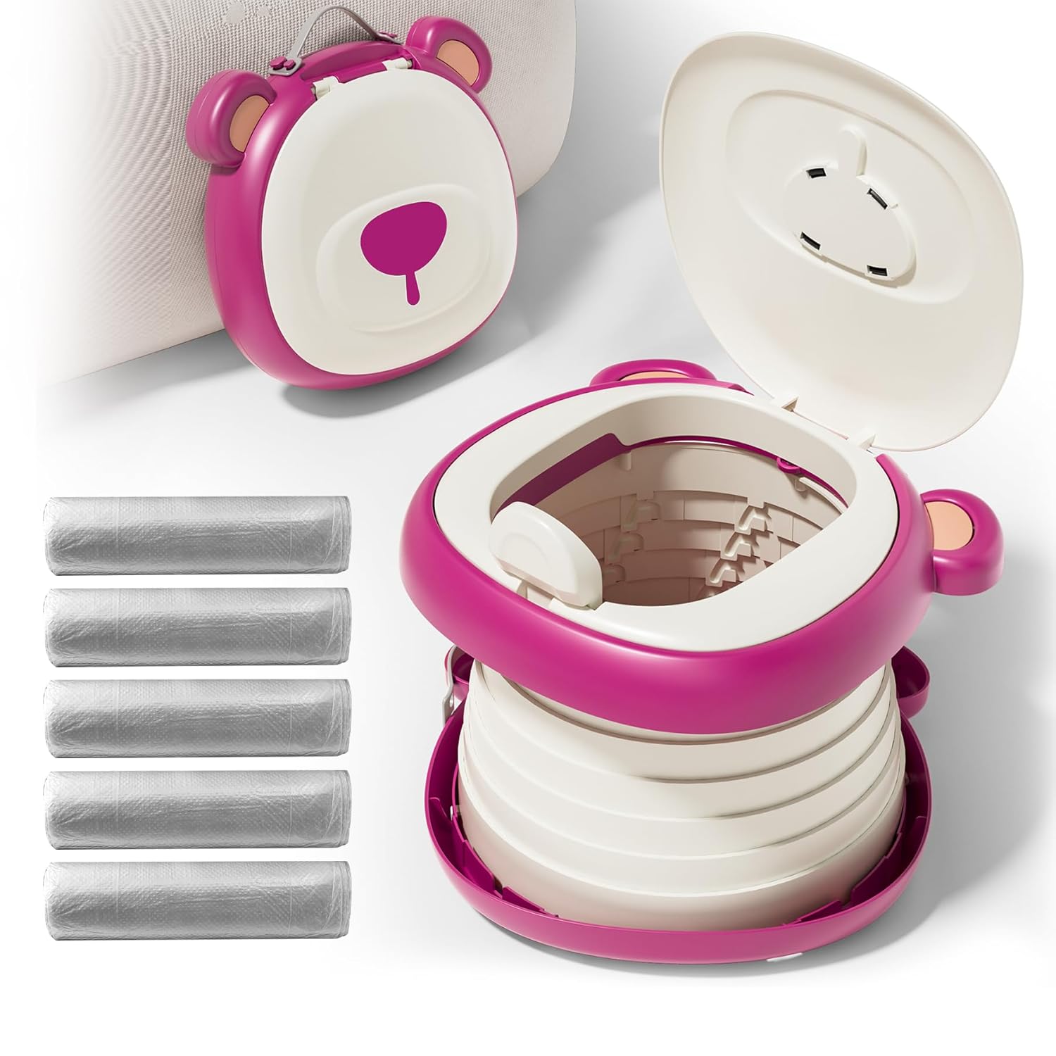 Travel Potty Seat for Toddler, Foldable Car Potty for Toddler with 5 Rolls of Potty Liners, Potty Pads, Portable Toilet Seat for Kids, Portable Potty Seat for Toddler Travel, Camping and Outdoor Use