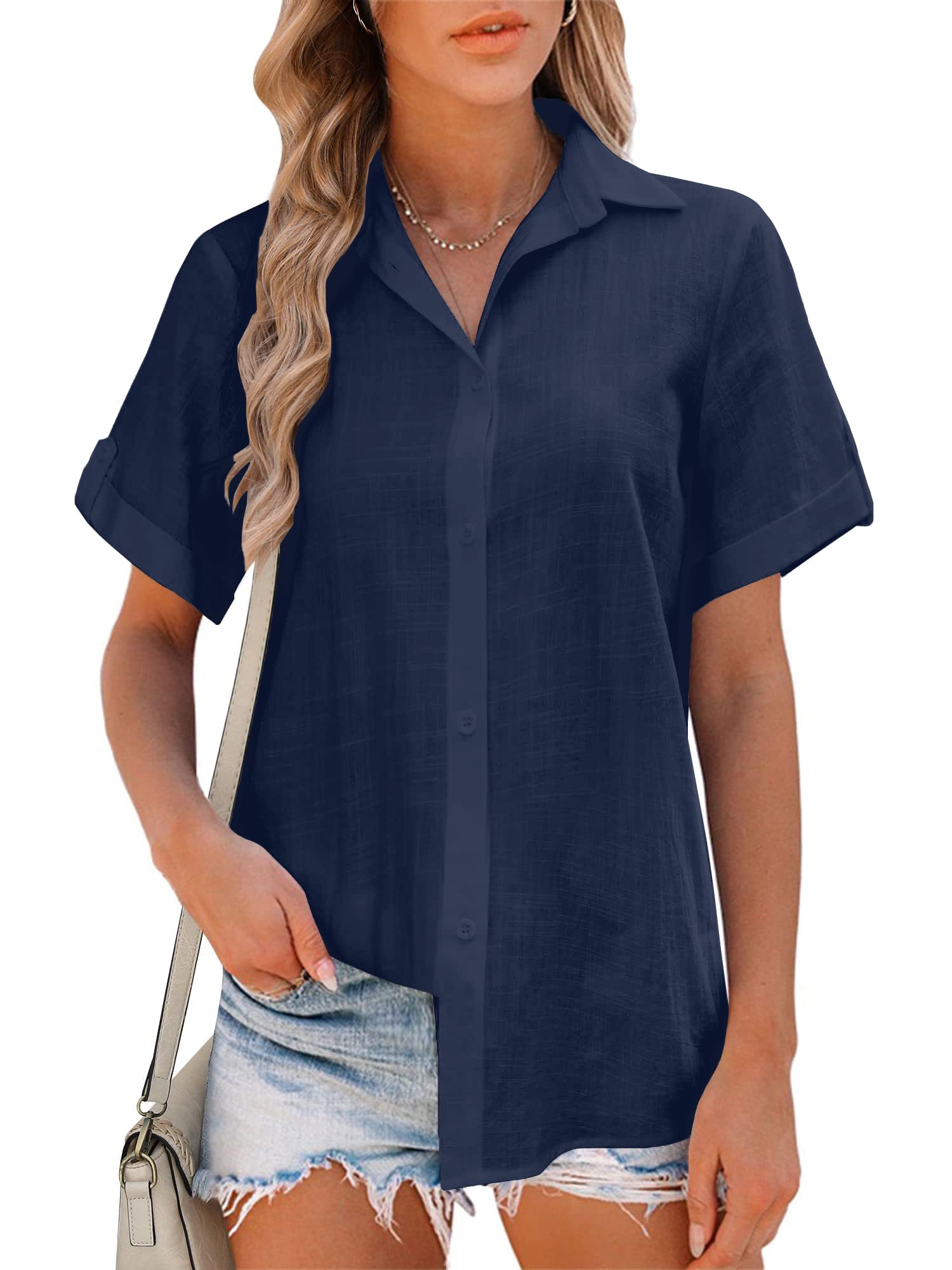 Friptspyg Bluse Damen Sommer Lässiges Kurzarm Hemdbluse V-Ausschnitt 100% Baumwolle Solide Blusenshirt Elegant Oberteile
