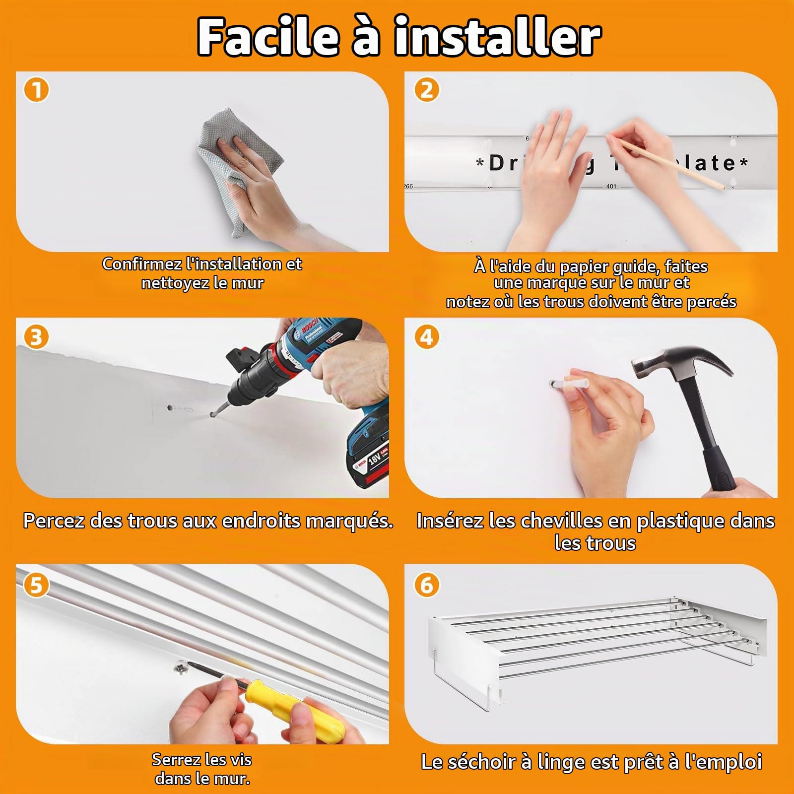 Sèche-Linge Mural Pliable Linge Rétractable 6 Barres 100 cm Blanc