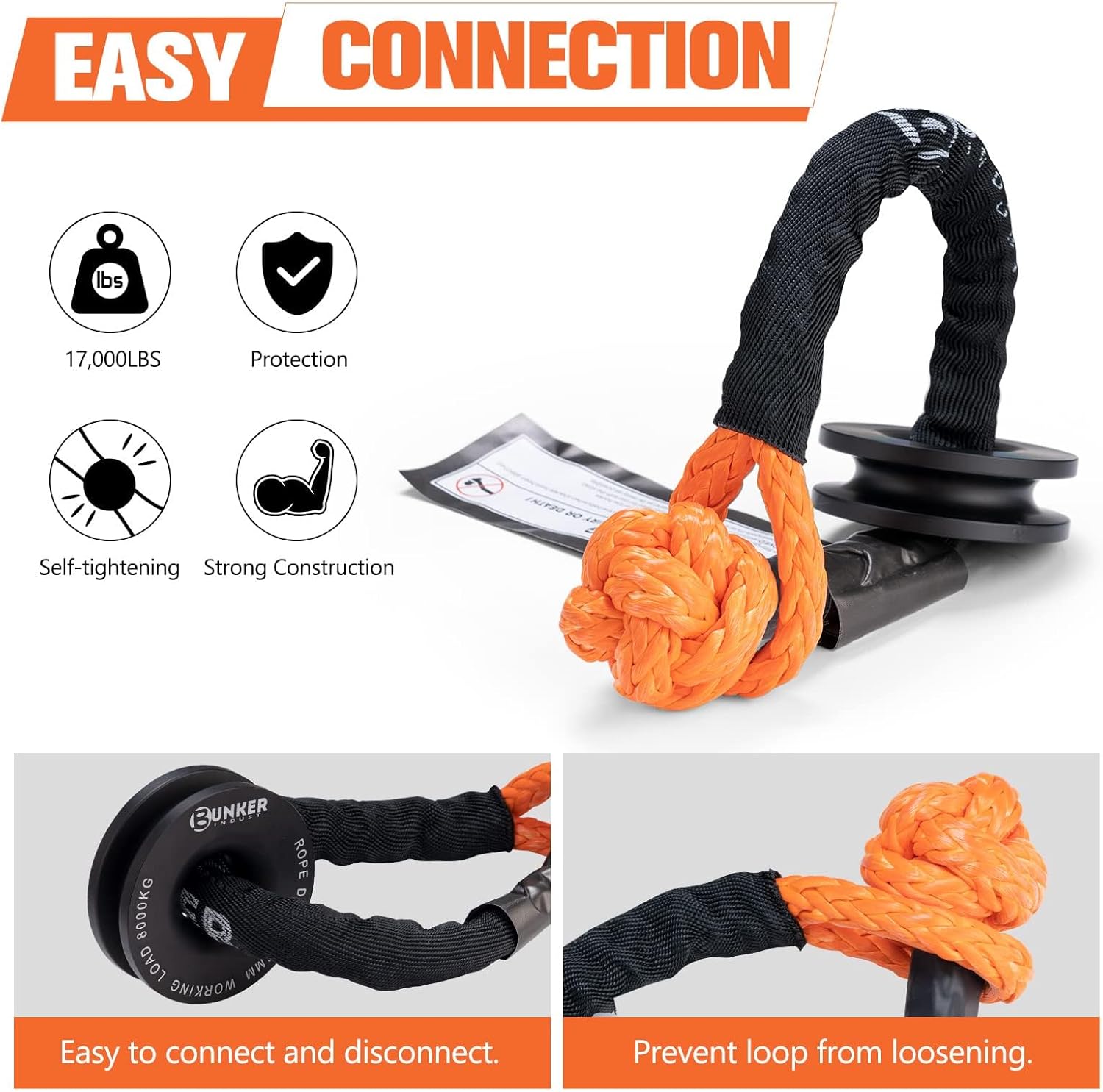 BUNKER INDUST 3/16" x 50' 8200 LBS Synthetic Winch Rope Kit + Soft Shackle with Winch Ring + Recovery Ring Snatch Rope Towing Straps