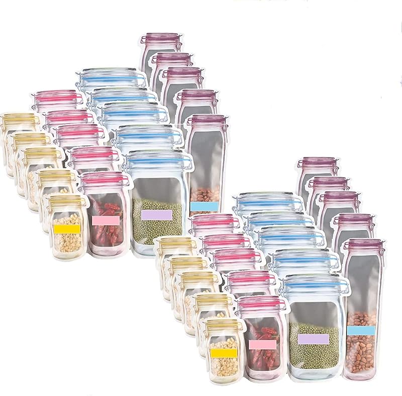 Reusable Mason Jar Ziplock Bags, Stand Up, Leak Proof Zipper Bags for Kitchen, Camping, Travel (40pcs-Mix)