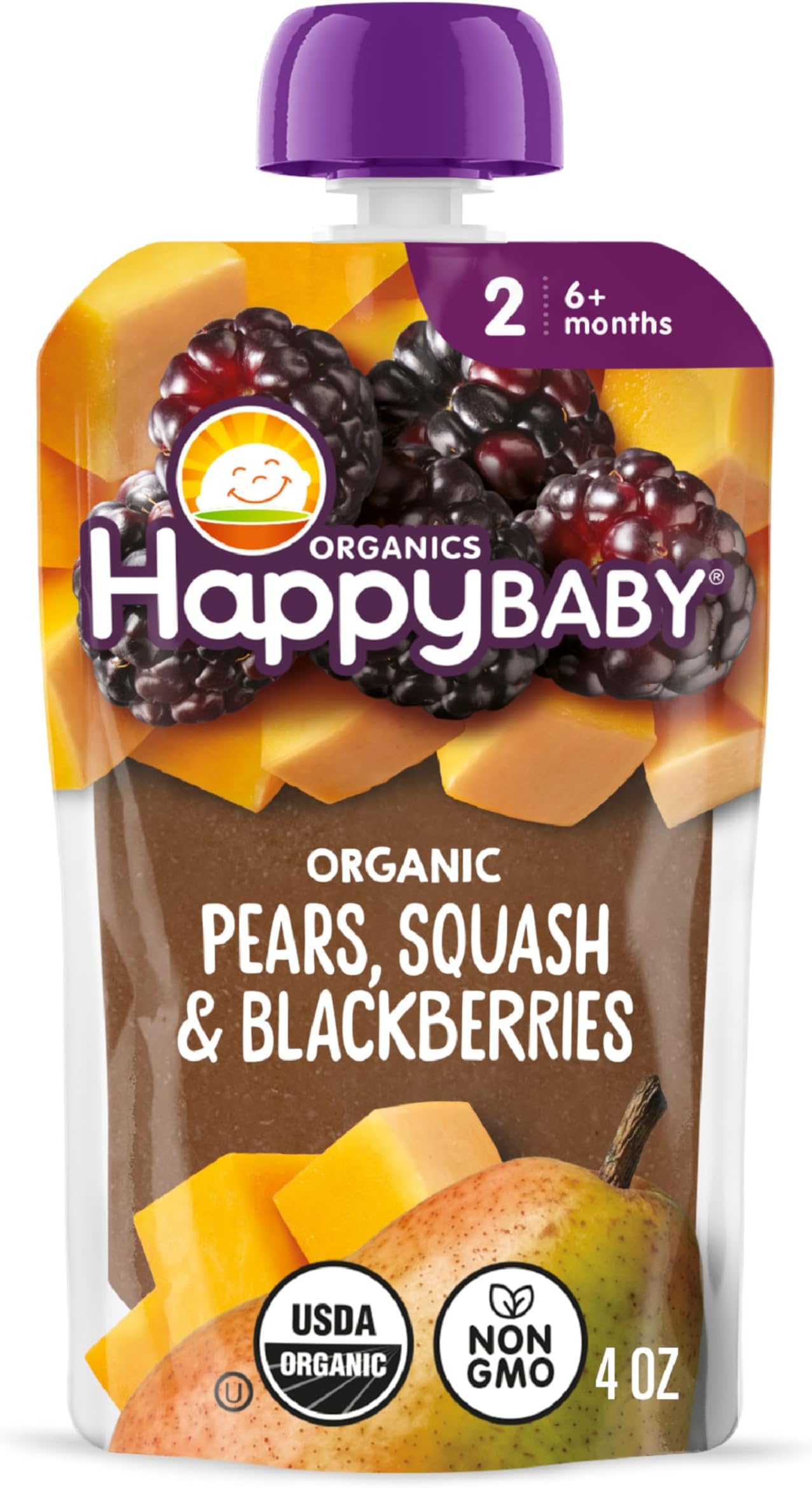 Happy Family Organics Stage 2 Baby Food Contains Pears Squash Blackberries Resealable Pouch Non gmo Gluten Free 113G, 1 Pack