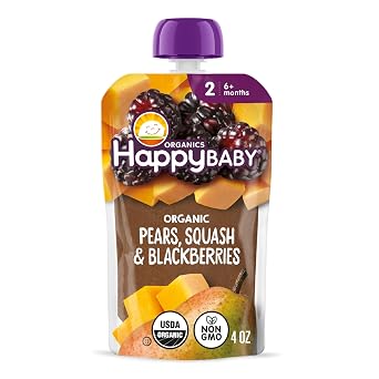 Happy Baby Organics Stage 2 Baby Food Pouches, Gluten Free, Vegan & Healthy Snack, Clearly Crafted Fruit & Veggie Puree, Pear Squash & Blackberries, 4 Ounces Pack of 1