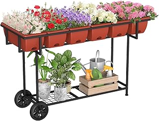 Elevated Garden Bed with Wheels Outdoor 42x17x30in Elevated Raised Planter Box Stand 6 Pocket Herb Garden Planter with Storage Shelf for Balcony Patio, Red