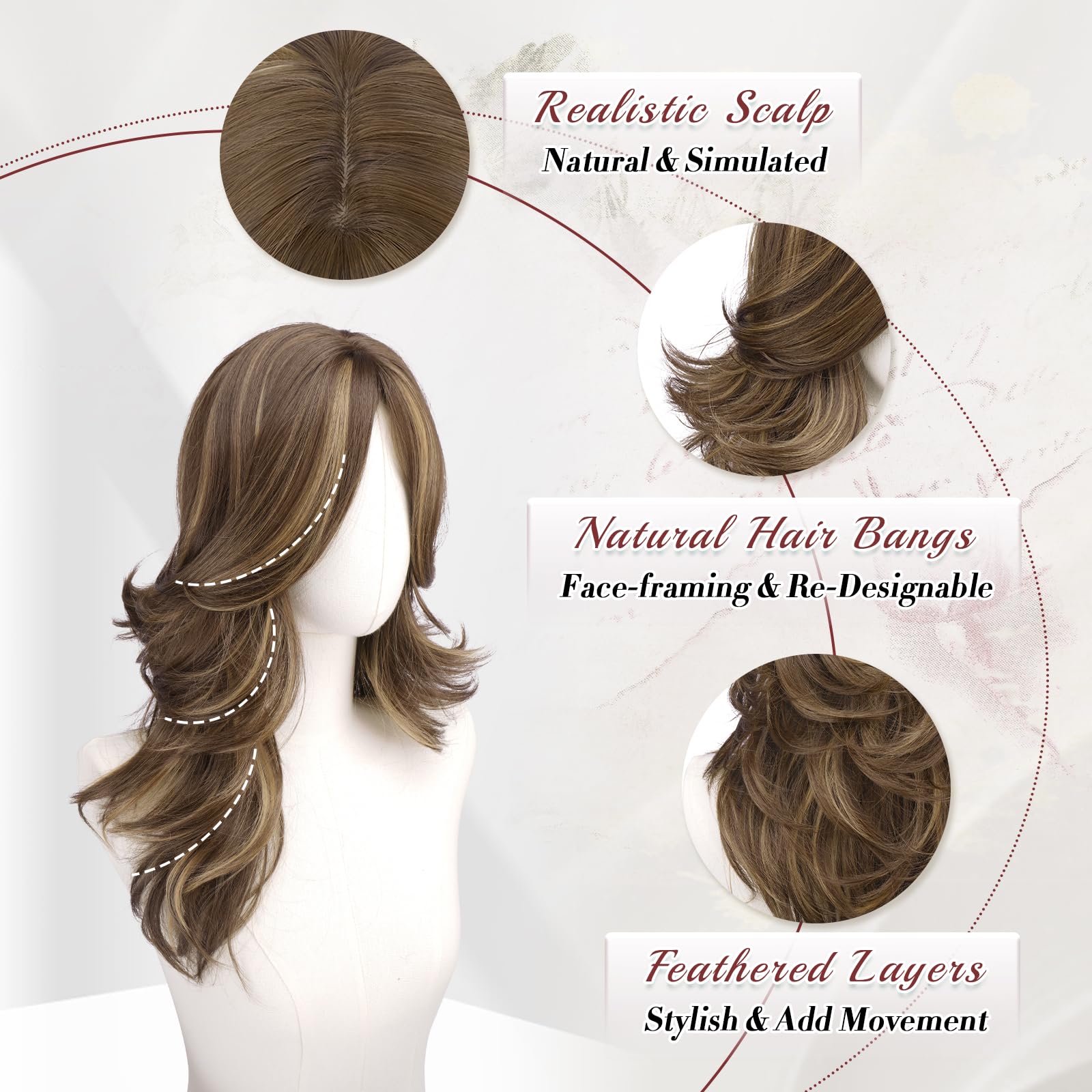 FESHFEN Parrucca Lunghe Ondulate con Frangia per Donne, 50 cm Castano Biondo Misto Parrucche Naturale Stratificato Sintetici Resistente Wig per Use Quotidiano le Feste e il Cosplay