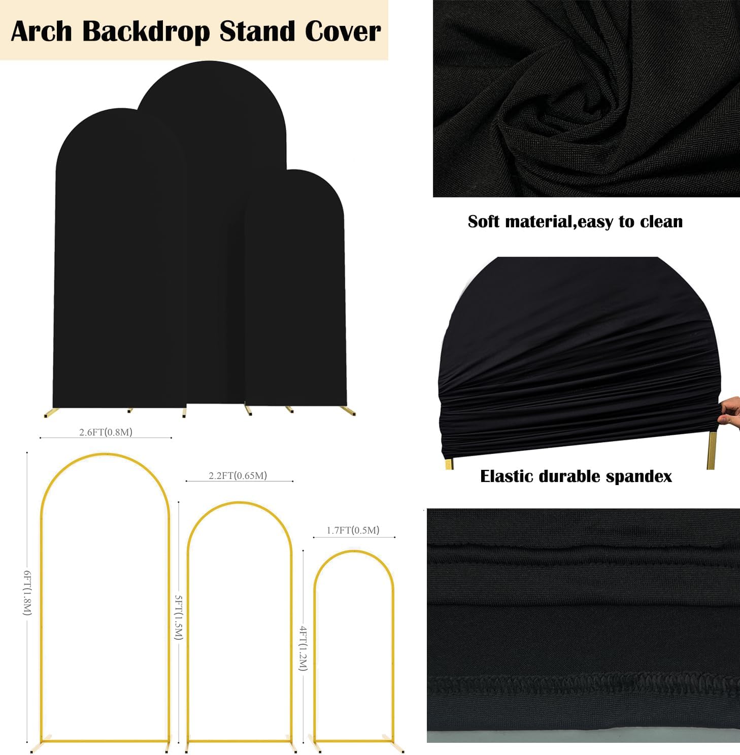 Set of 3 Arch Backdrop Cover Spandex Fitted Wedding Arch Covers,Round Top Double-Sided Chiara Arch Covers for Party Wedding Birthday Ceremony Event Banquet Decoration(4ft,5ft,6ft Black)