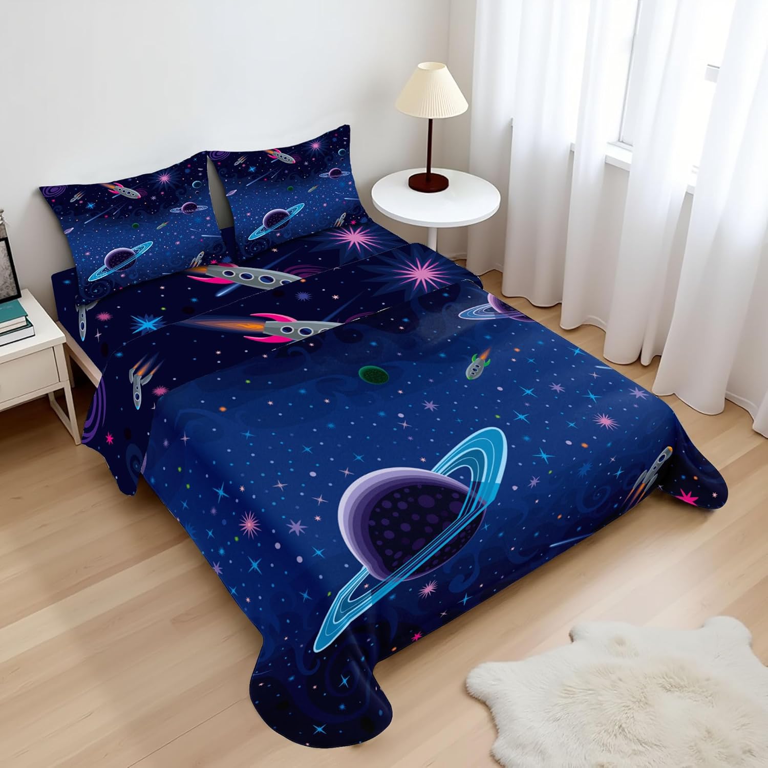 Ambesonne Outer Space Sheet Set, Orbit Rocket Galaxy Stars Milkyway Nebula Cosmos Themed Art Print, Fitted and Flat Sheet with Pillowcases Bedding Accent 4 Piece Set, Full, Indigo and Black
