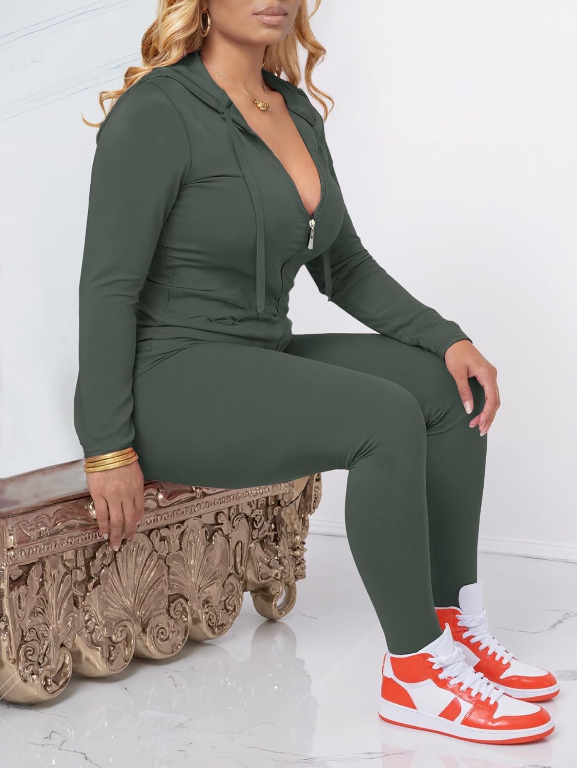 AUXDIO Women 2 Piece Outfits Casual Workout Sets Bodycon Tracksuit Zip Up Long Sleeve Hoodle Jacket Jogger Pants Set - Image 6