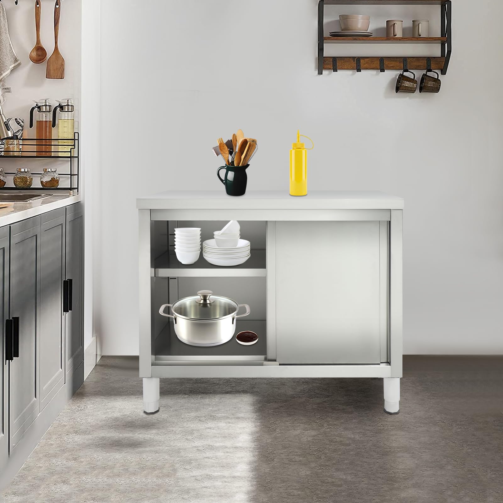 Armario de acero inoxidable con puertas correderas, mesa de trabajo al aire libre, cocina, altura regulable, mesa de trabajo independiente de acero inoxidable, para restaurante, cocina