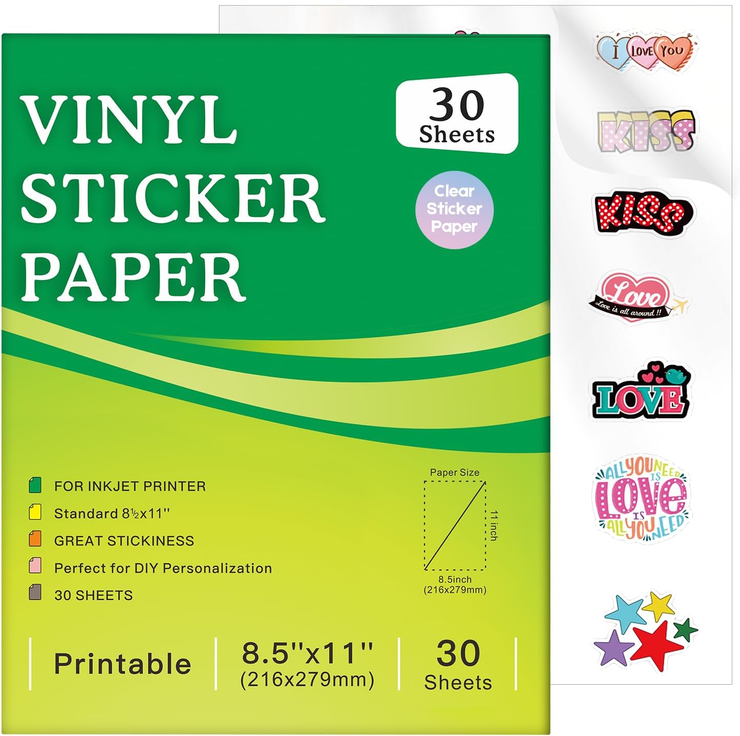 Aevdor 30 Sheets Printable Clear Sticker Paper for Inkjet Printer, Premium Vinyl Transparent Sticker Paper Waterproof, Dries Quickly, Vivid Colors, 8.5x11" Labels Great for Cutting Machines