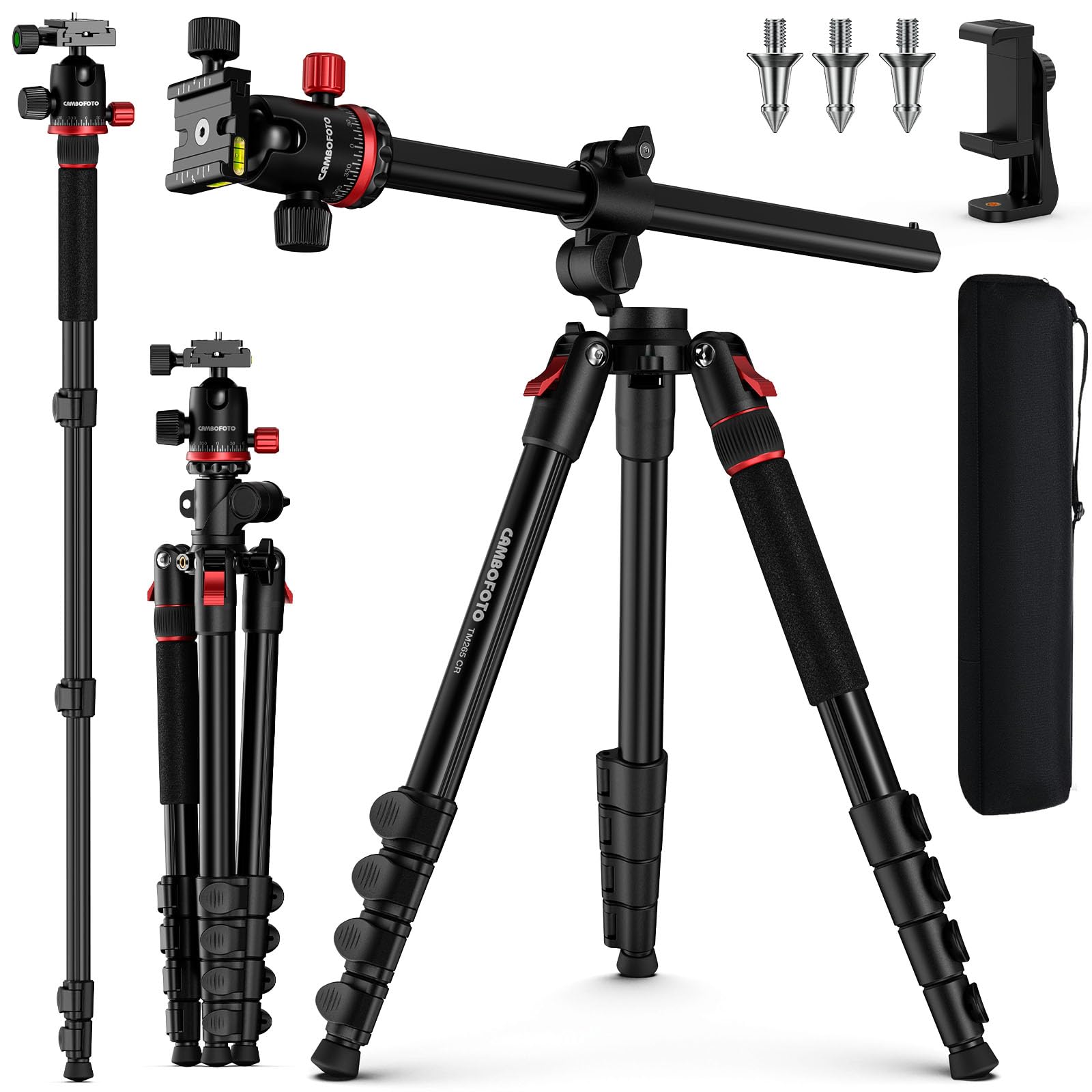 Treppiede orizzontale da 68 pollici per fotocamera, treppiede in alluminio con testa a sfera per riprese macro e in testa, monopiede staccabile, piastra QR Arca da 0,25 pollici, capacità di carico 15
