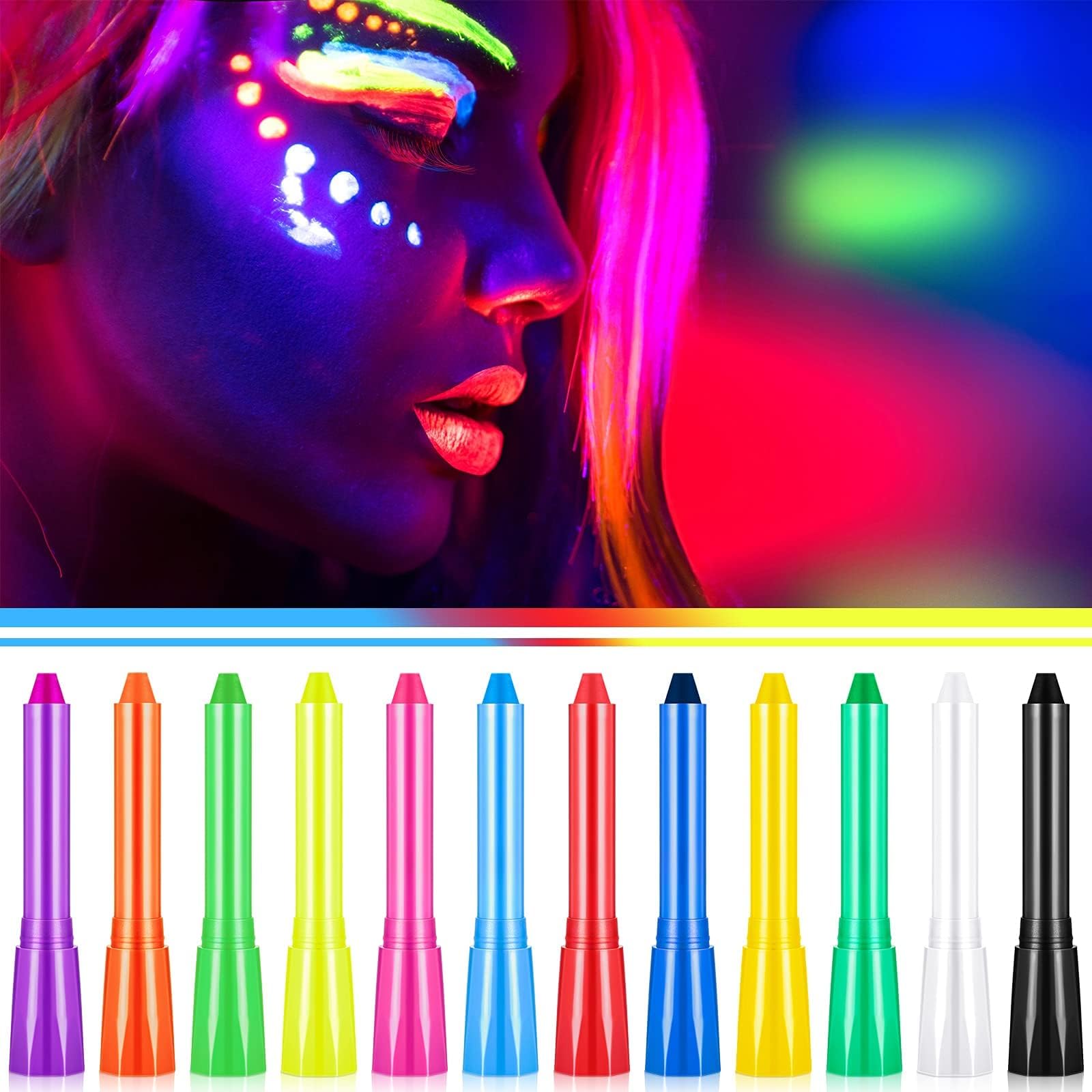 Khazna Face Paint Crayons Glow, 12 Colors Glow in The Dark UV Face Paint Crayons, The Dark Body Painting Kit Under for Masquerades Party Supplies