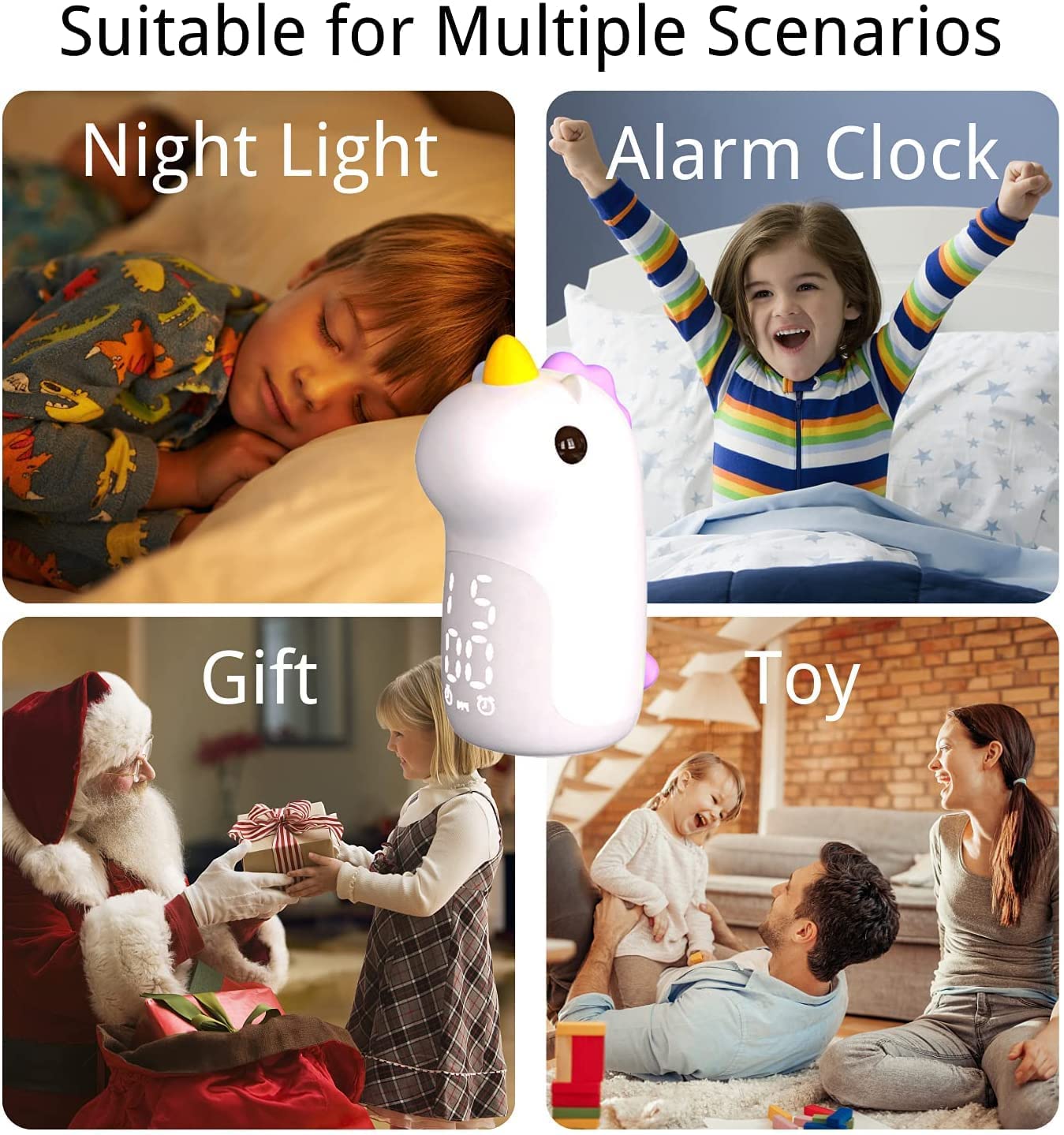 Kinder Wecker mit Licht, Kinderwecker mit Cute Einhorn Lichtwecker, Snooze Funktion, 3 Farben Wiederaufladbar Nachtlicht Dimmbar, Touch Control, Geschenk für Kinder Mädchen Jungen