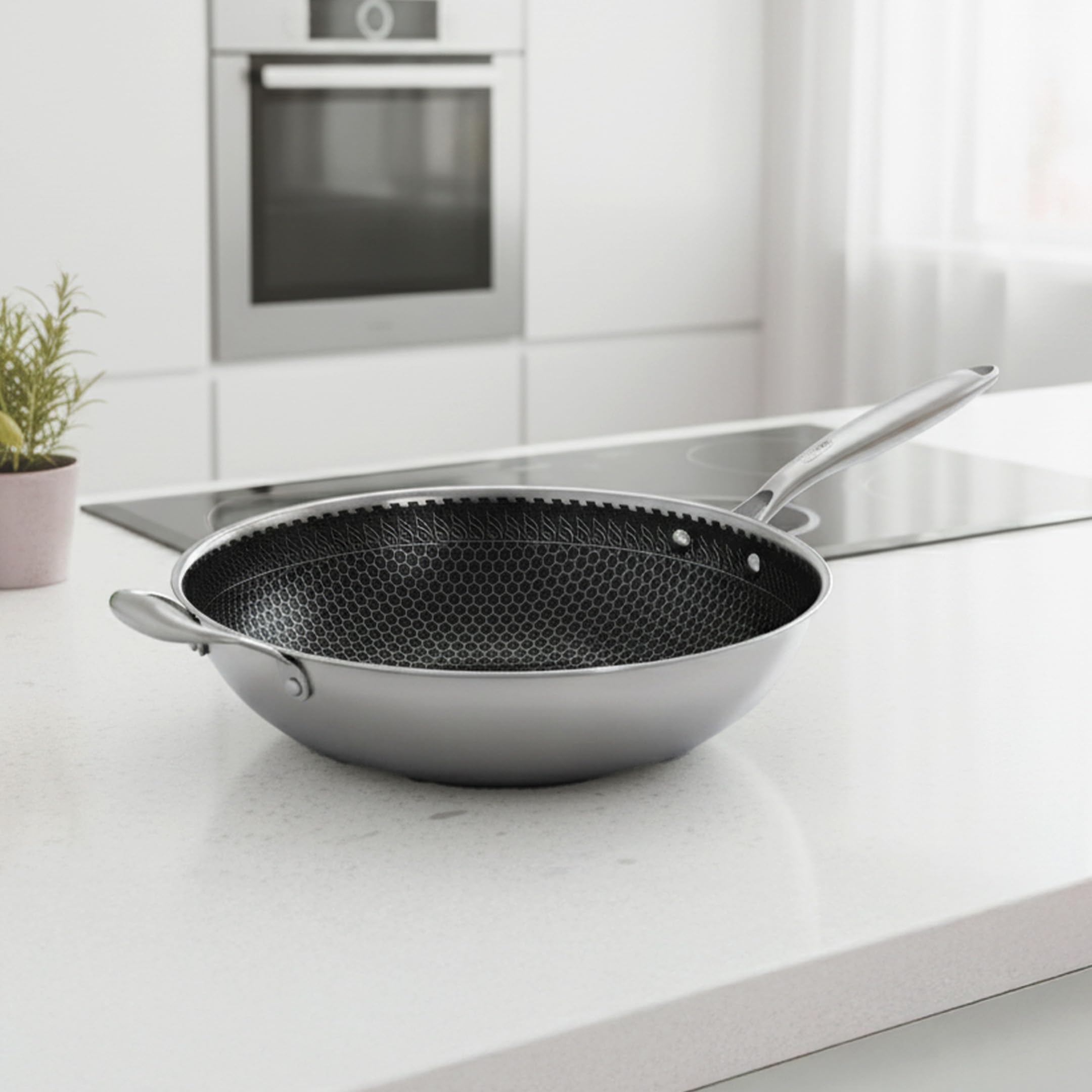 HomeEssentials 26cm Honeycomb Hybrid Wok Pan Nonstick Stainless Steel Frying Wok with Lid, Induction Compatible, Scratch-Resistant Stir-Fry Pan