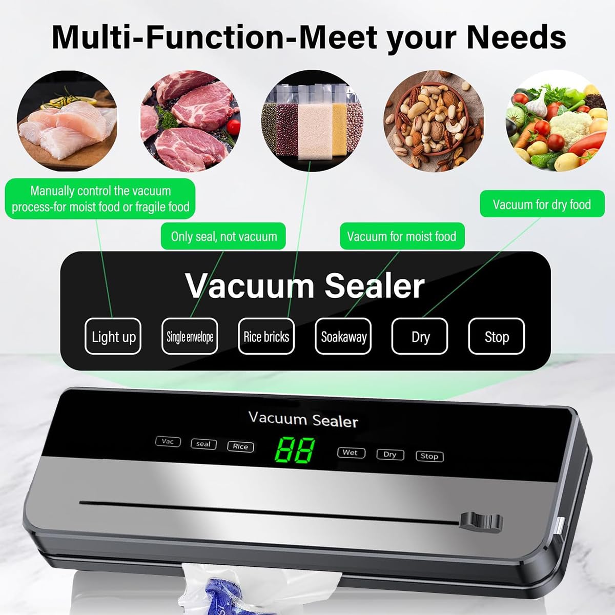 Vakuumiergerät, Vakuumierer 5 in 1,starker Lebensmittel-Vakuumiergerät für frische Lebensmittel, trockene/nasse Lebensmittel, 30-Vakuumbeutel und eingebautem Cutter (schwarz)
