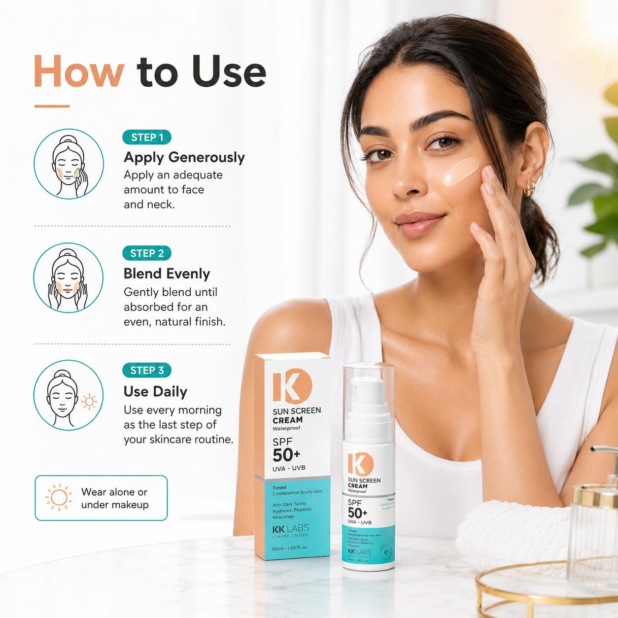 KK Labs Tinted Sun Cream for Combination to Oily Skin 50ml - Daily Facial Sunscreen with a Tint That Evens Skin Tone and Controls Shine for a Natural, Matte Complexion, Men and Women