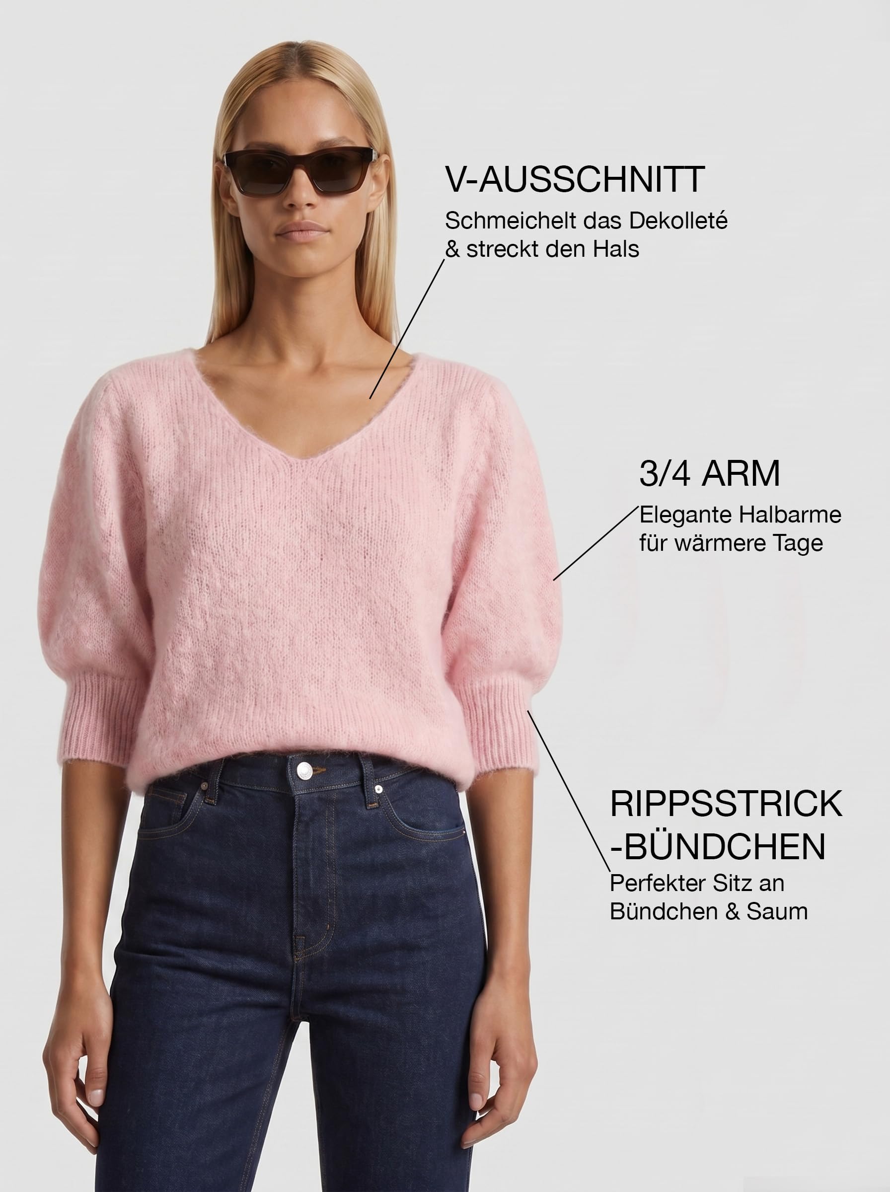 Americandreams Koa - Maglione corto da donna in alpaca leggero, con scollo a V e maniche a 3/4, in alpaca e lana merino