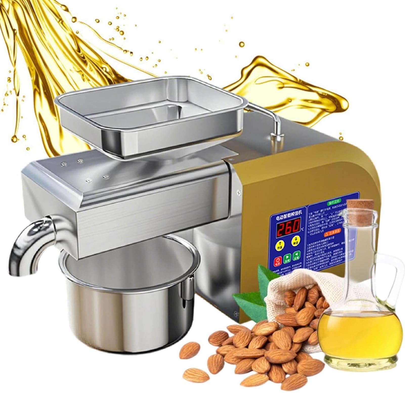 Prensa de Aceite Comercial automática, Extractor en frío y en Caliente, Pantalla Digital de Temperatura, Acero Inoxidable, para restaurantes, pequeños talleres y Uso doméstico.