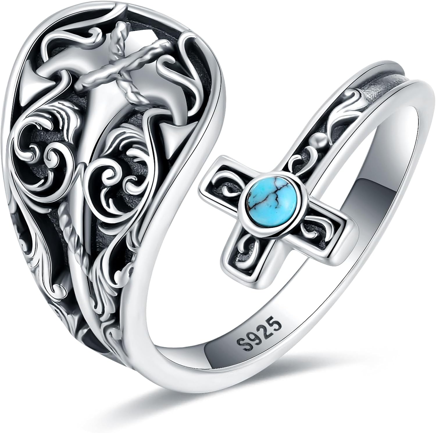 EJALEN S925-Sterling-Silver Abalone Dragonfly-Turquoise Spoon Ring - Vintage Boho Sunflower Thumb Oxidized Wrap Rings Victorian Style Antique Floral Jewelry Gifts for Women