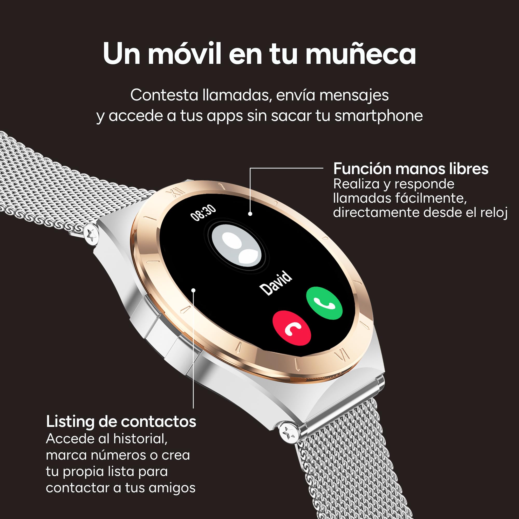 KSIX LYA Go Smartwatch Mujer, Pantalla AMOLED 1.19", Autonomía 5 días, Modos Deporte y Salud, Notificaciones, Llamadas, Asistente de Voz, 2 Correas Metal y Silicona - Plata y Beige