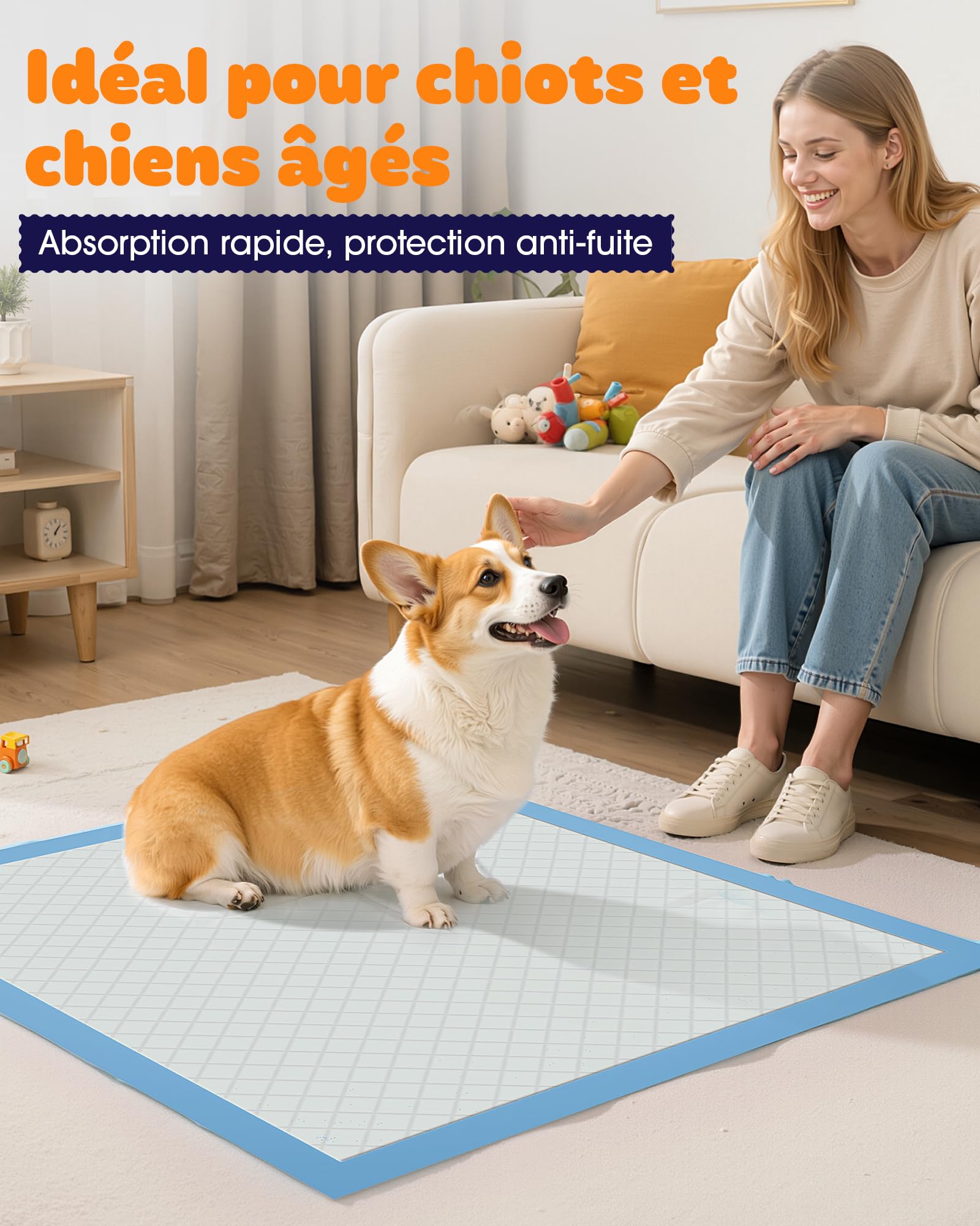 Powools Alèse Jetable - Alèse pour Chien Ultra Absorbante à 6 Couches, Tapis Absorbant Chien Anti-Fuites à Séchage Rapide pour Sol, Meubles et Voiture, 56 x 56 cm, 100 Pièces