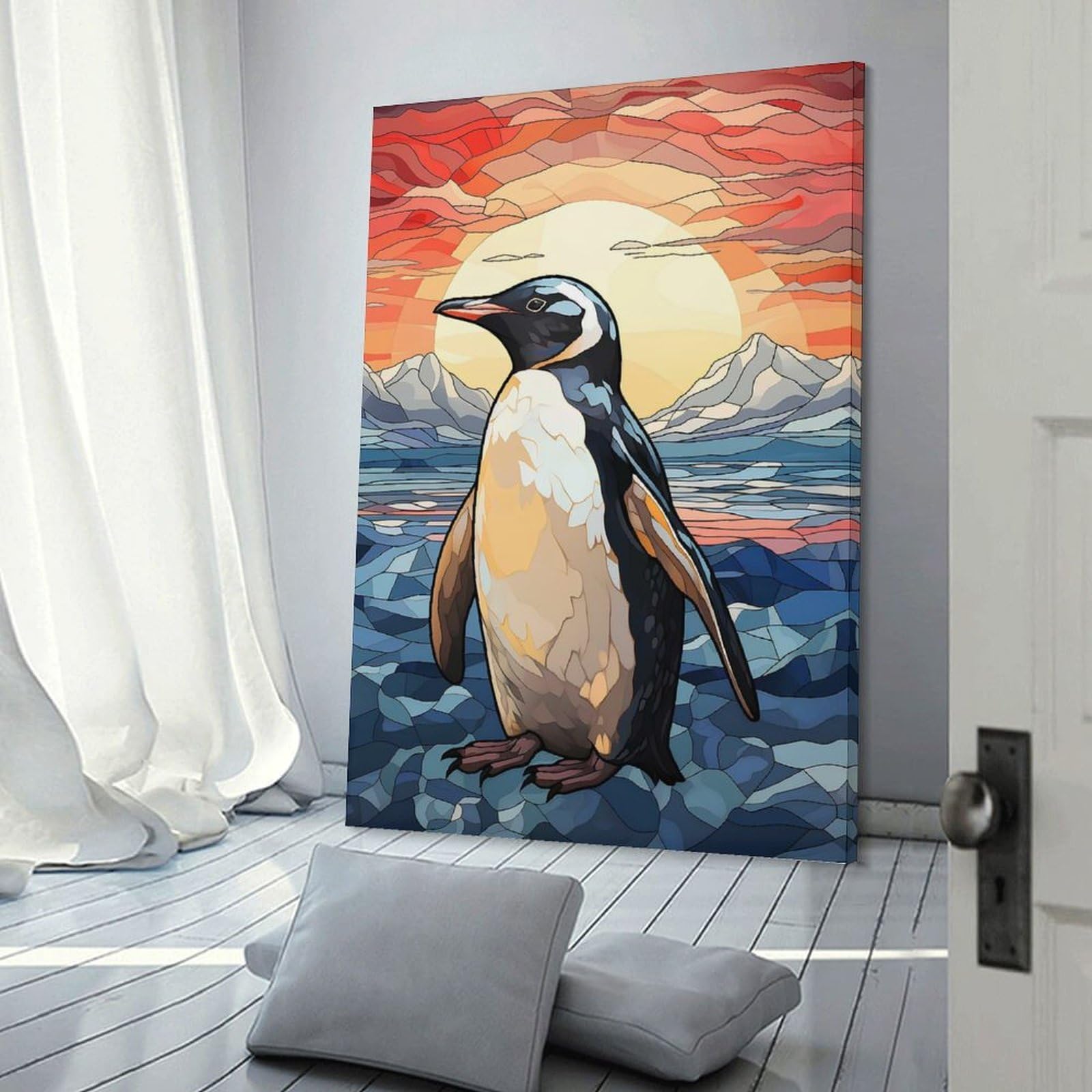 Junmoney Frame-Style-10 Penguin Stained Glass Hanging Wall Art, 20X30inch(50X75cm), For Bedroom Decor, Cosy Corners Or Studios, An Easy Wall Refresh For Bedrooms